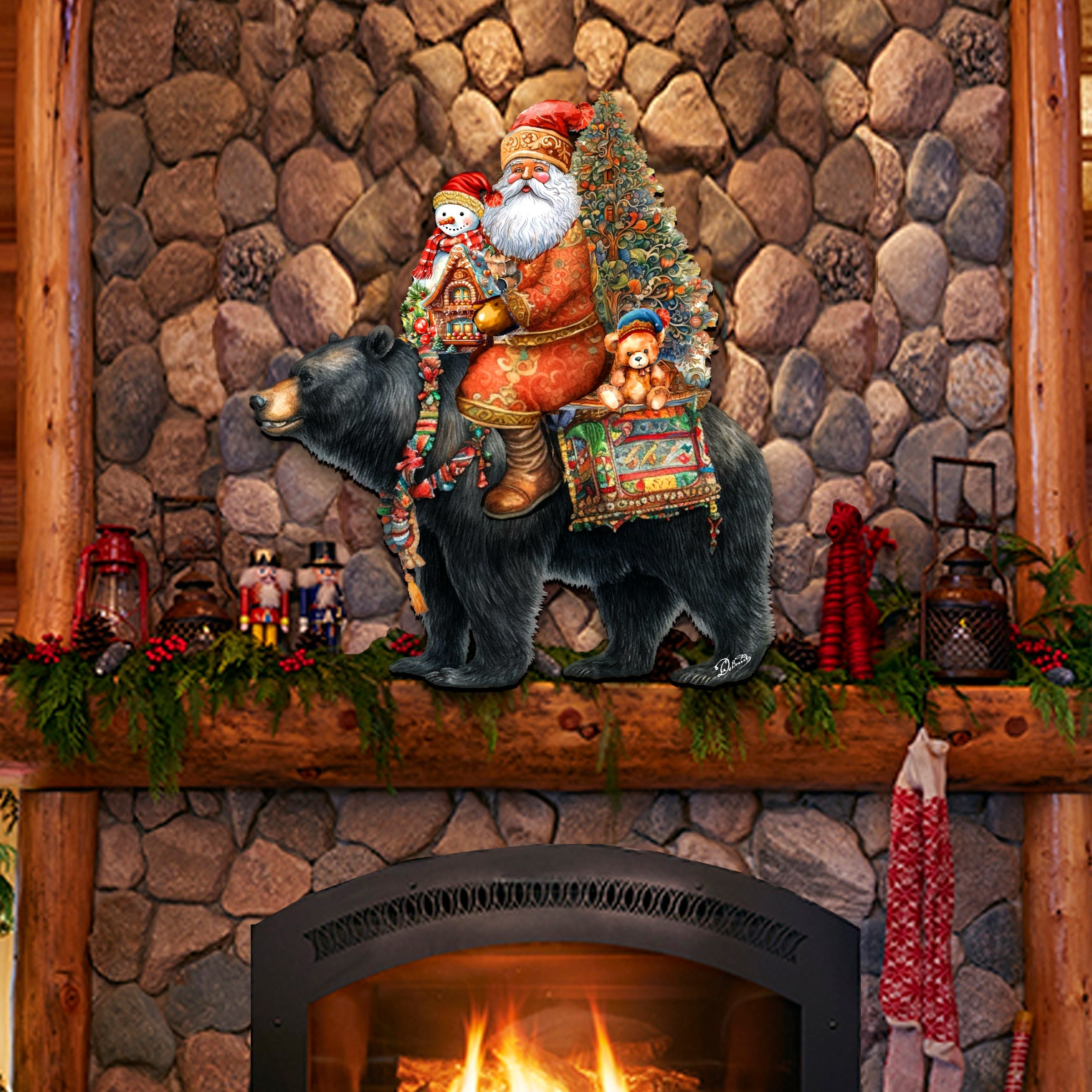 Santa Claus and Black Bear Friend Holiday Door Decor by G. Debrekht - Christmas Santa Snowman Decor - 8611064H