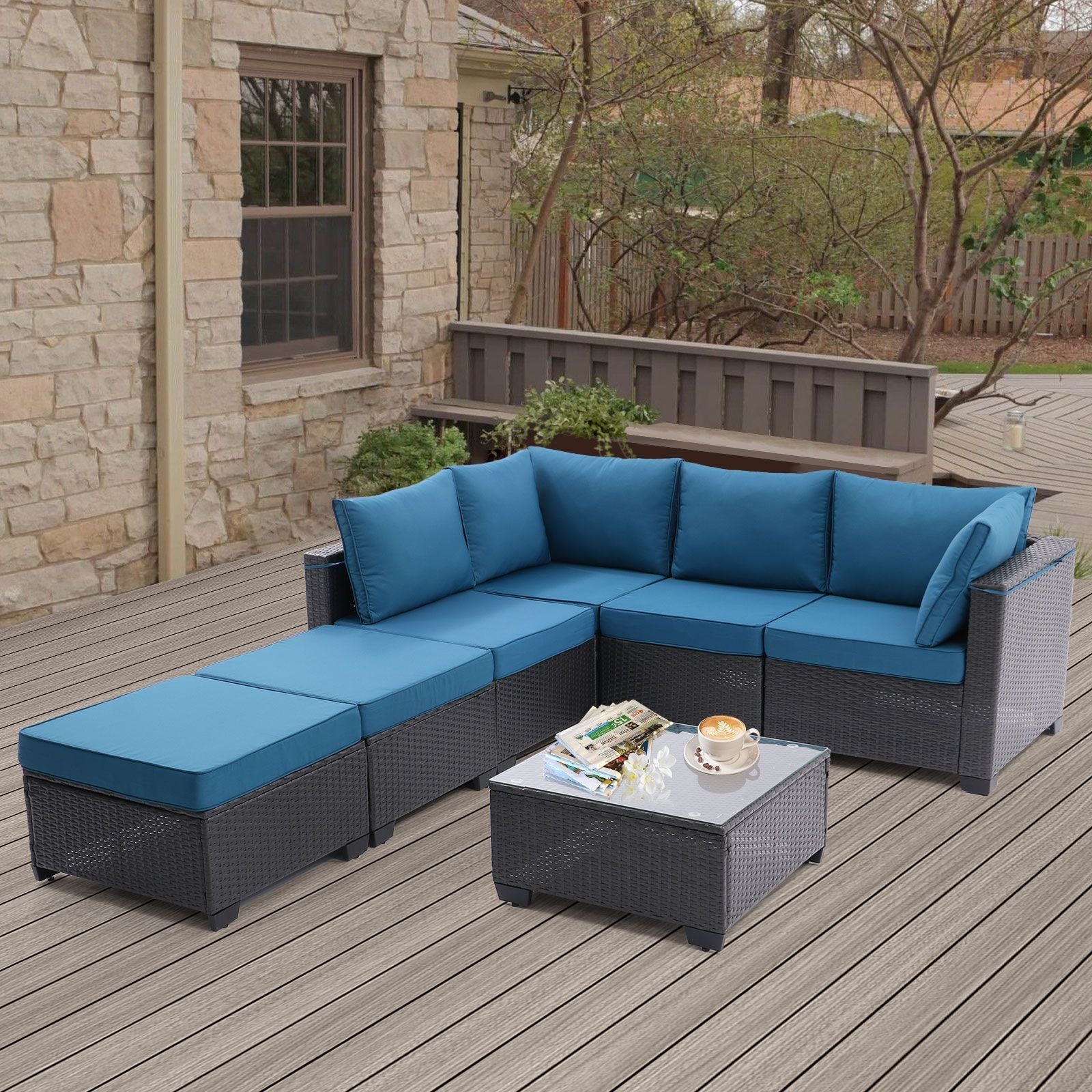 7 Pieces Outdoor Patio Furniture Set,Sectional Conversation Sofa Of Corner Chairs,Ottomans And Glass Top Table,All Weather PE Rattan and Steel Frame With Removable Cushions