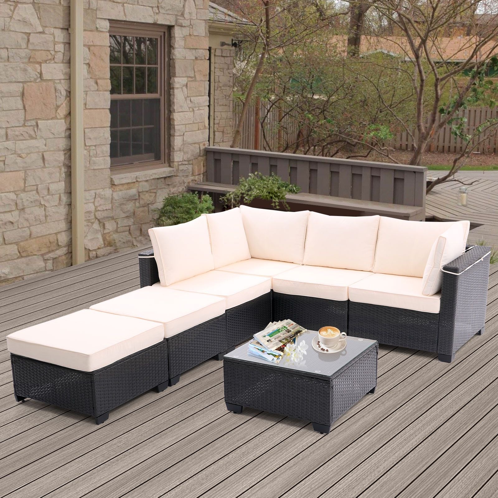 7 Pieces Outdoor Patio Furniture Set,Sectional Conversation Sofa Of Corner Chairs,Ottomans And Glass Top Table,All Weather PE Rattan and Steel Frame With Removable Cushions