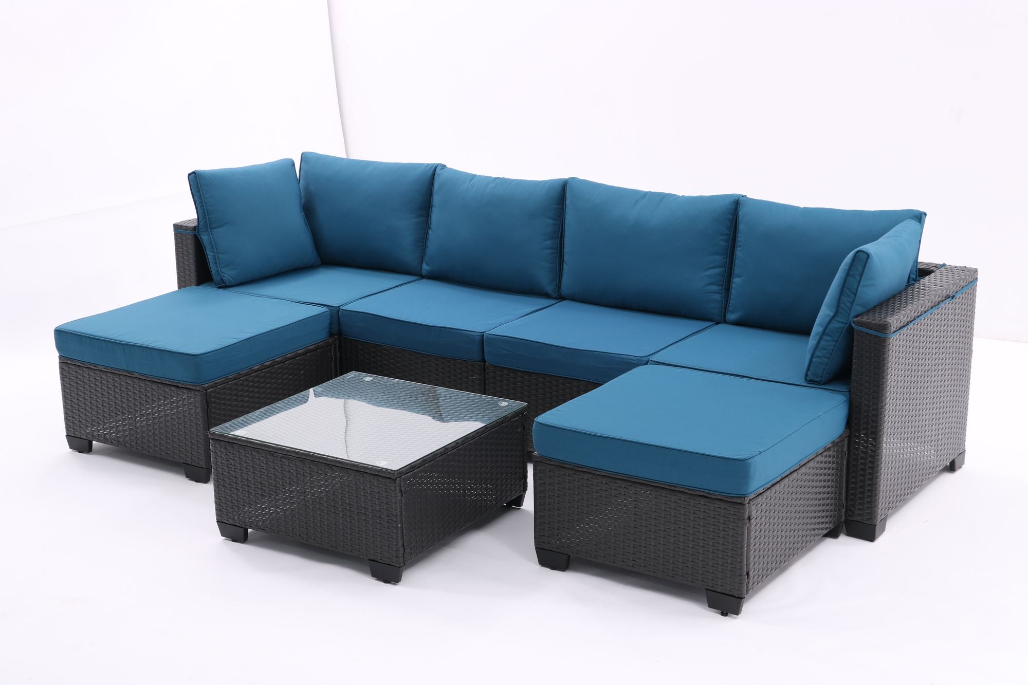 7 Pieces Outdoor Patio Furniture Set,Sectional Conversation Sofa Of Corner Chairs,Ottomans And Glass Top Table,All Weather PE Rattan and Steel Frame With Removable Cushions