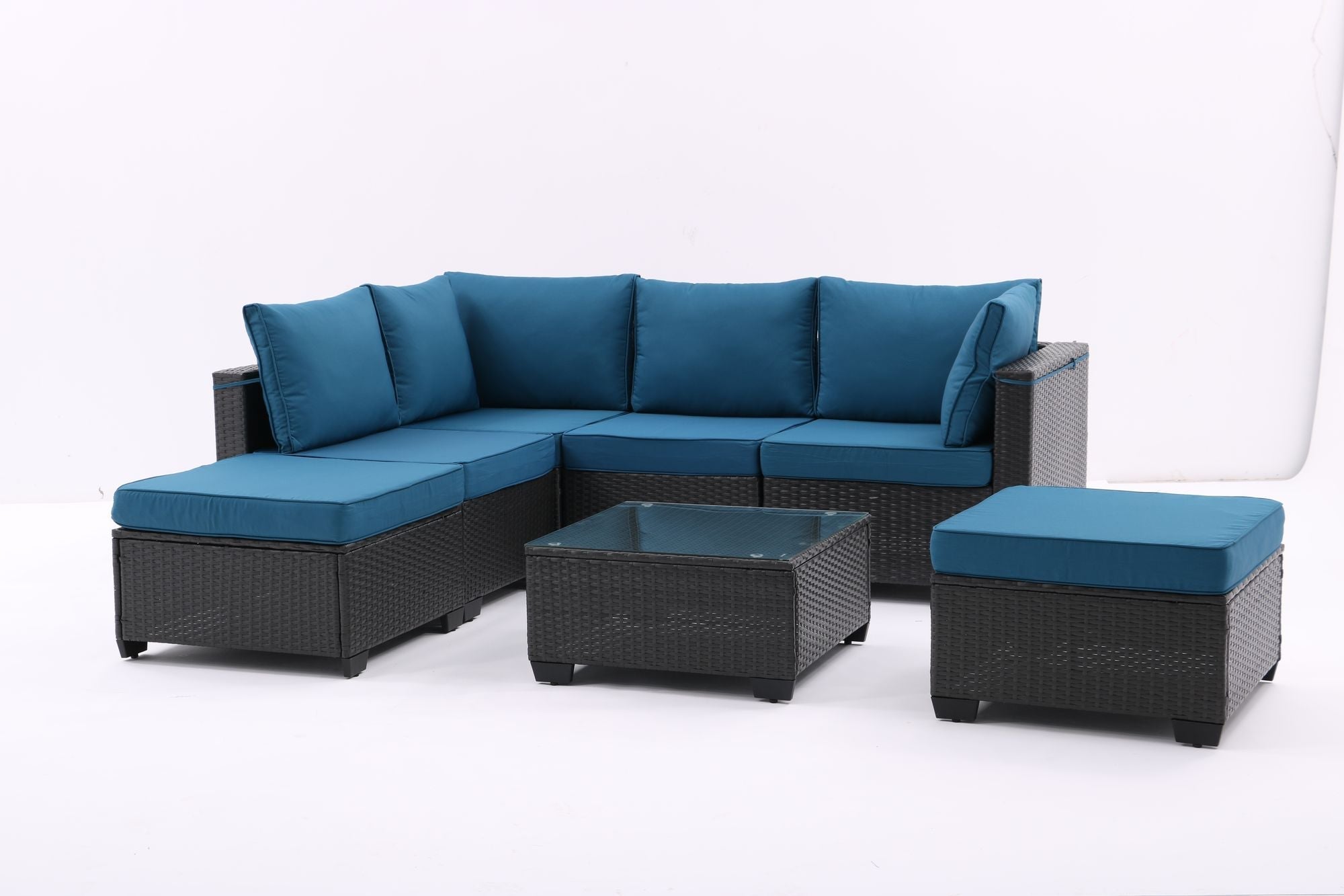 7 Pieces Outdoor Patio Furniture Set,Sectional Conversation Sofa Of Corner Chairs,Ottomans And Glass Top Table,All Weather PE Rattan and Steel Frame With Removable Cushions