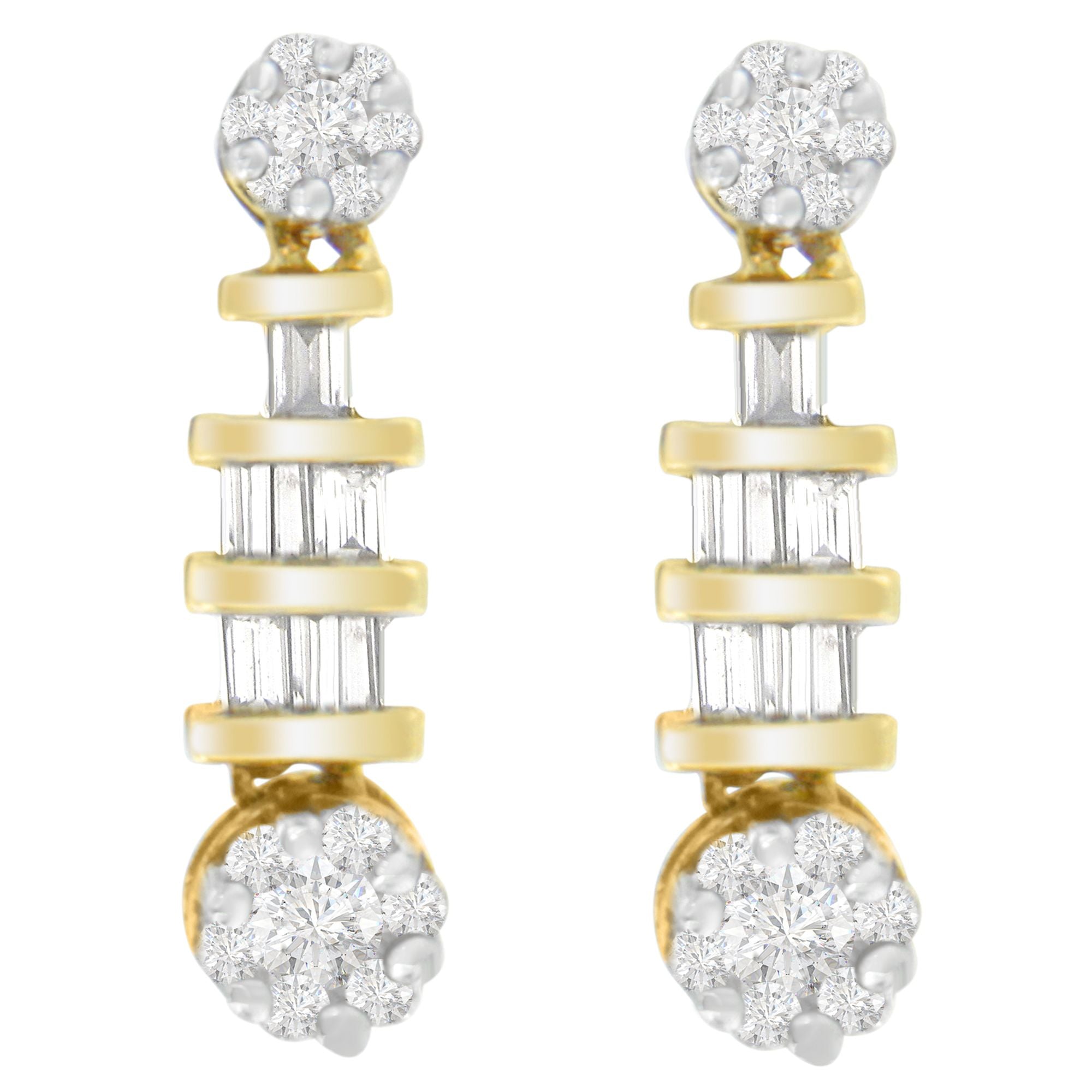 14K Yellow Gold 3/4Ct. Tdw Round And Baguette-Cut Diamond Earrings(H-I,Si1-Si2)