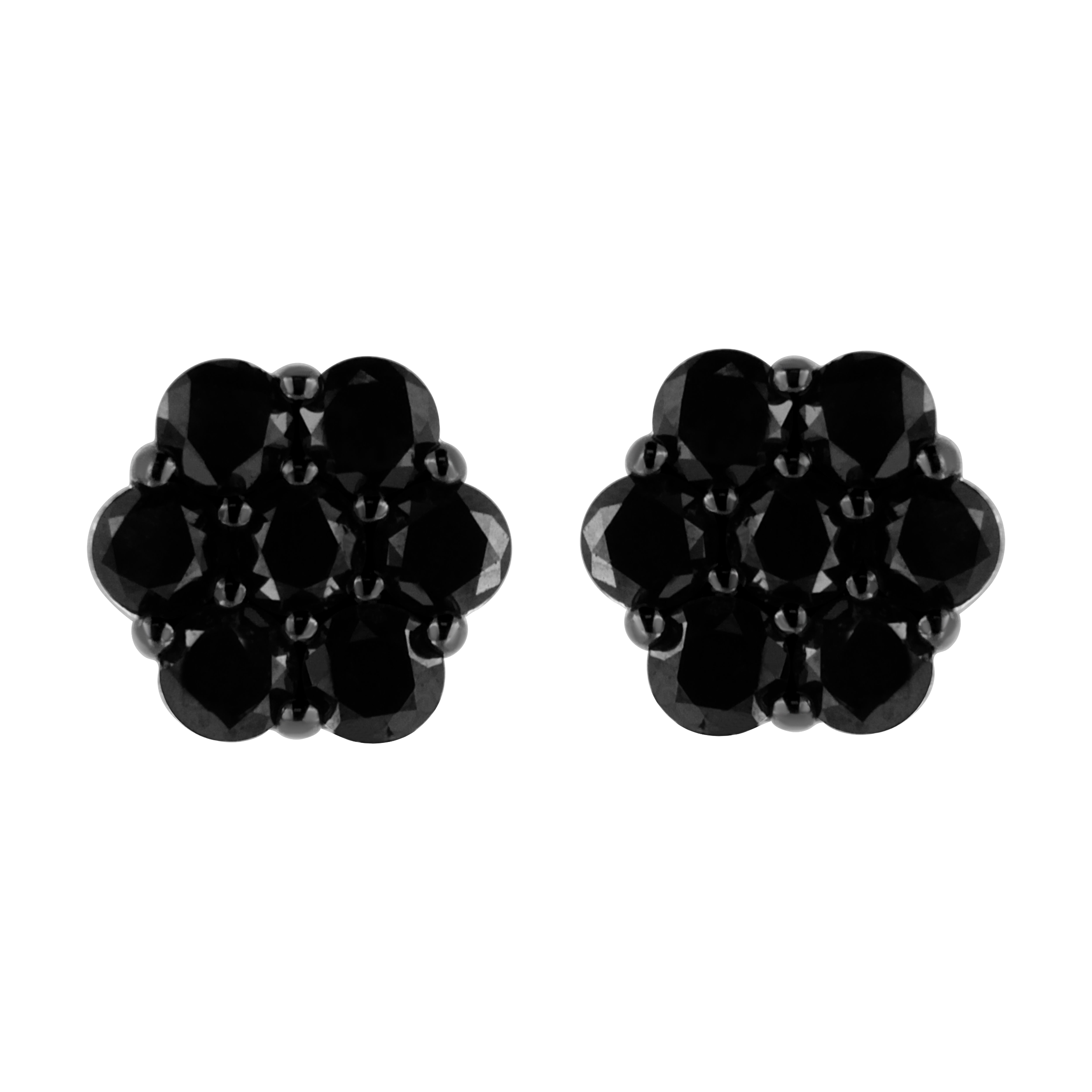 .925 Sterling Silver 1.0 Cttw Prong Set Round-Cut Treated Black Diamond Floral Cluster Stud Earring (Fancy Black Color, I1-I2 Clarity)