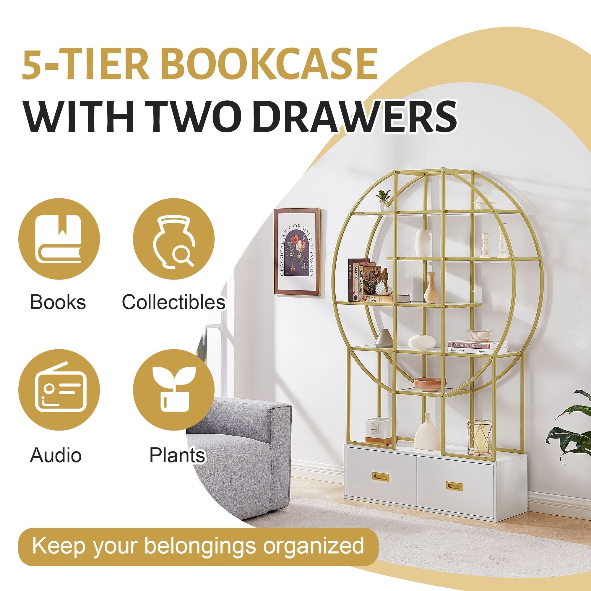 70.8 Inch Round Office Bookcase Bookshelf, Display Shelf, Two Drawers, Gold Frame