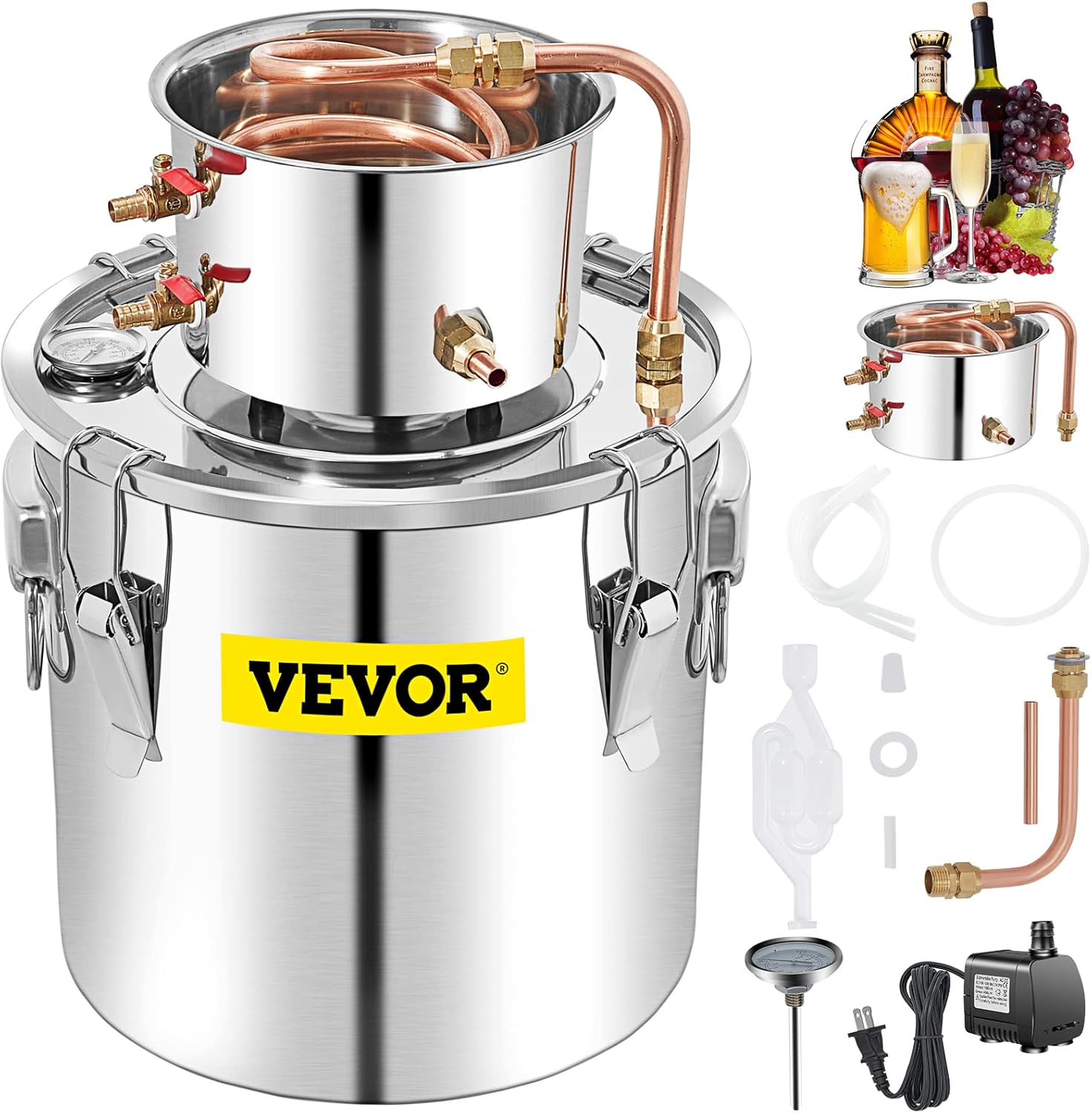 VEVOR Electric Alcohol Still 8Gal/30L, Alcohol Distiller, Distillery Kit for Alcohol include Pump & One-way Exhaust Valve & Thermometer
