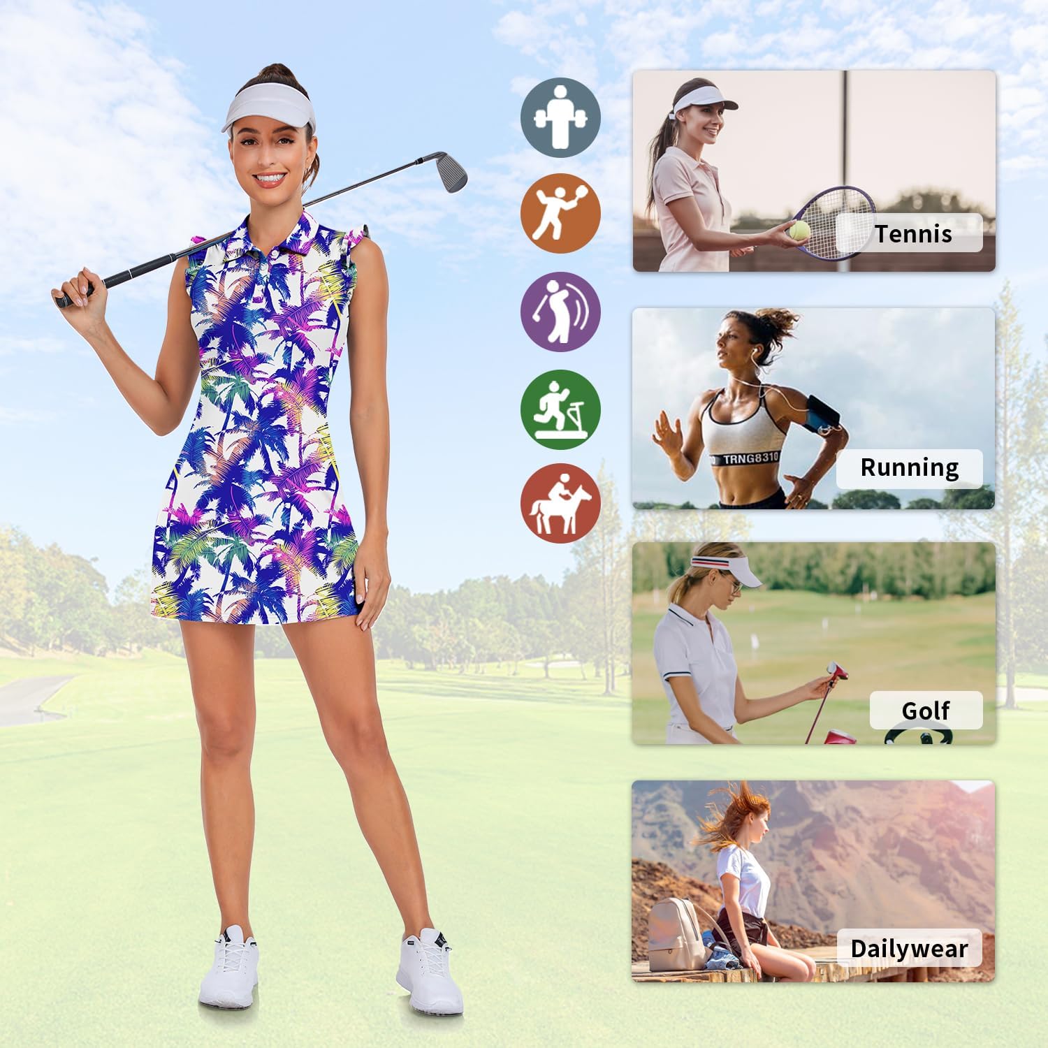 WOWENY Tennis Dress Polo Buttons Golf Dresses with Built in Shorts and Pockets Ruffle Sleeveless Athletic Workout Dress
