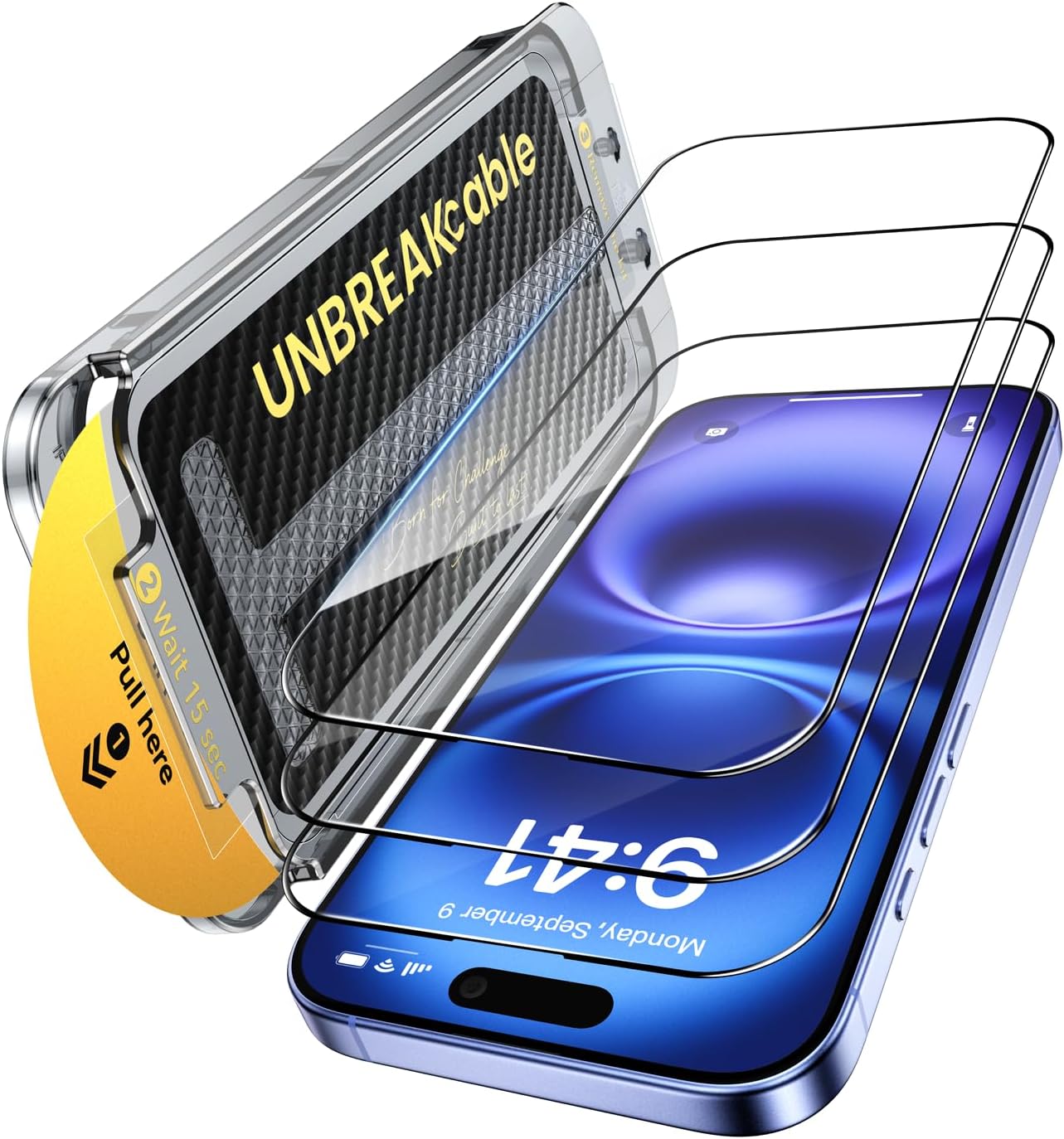 UNBREAKcable 3-Pack Screen Protector for iPhone 16 Pro Max Tempered Glass - [One-Pull Perfection] [Auto Dust-Elimination] [9H+ Hardness] [99.99% HD Clear] Full Coverage for iPhone 6.9 inch