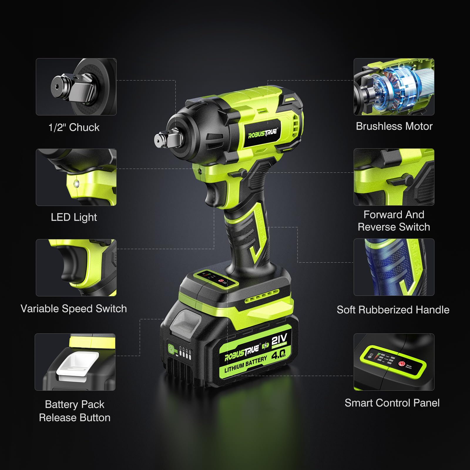 Cordless Impact Wrench, 406Ft-lbs (550N.m) Brushless 1/2 inch, 2800RPM High Torque Impact Gun, 2x 4.0Ah Battery, Charger, 4 Sockets, Electric Impact Wrench for Car Home