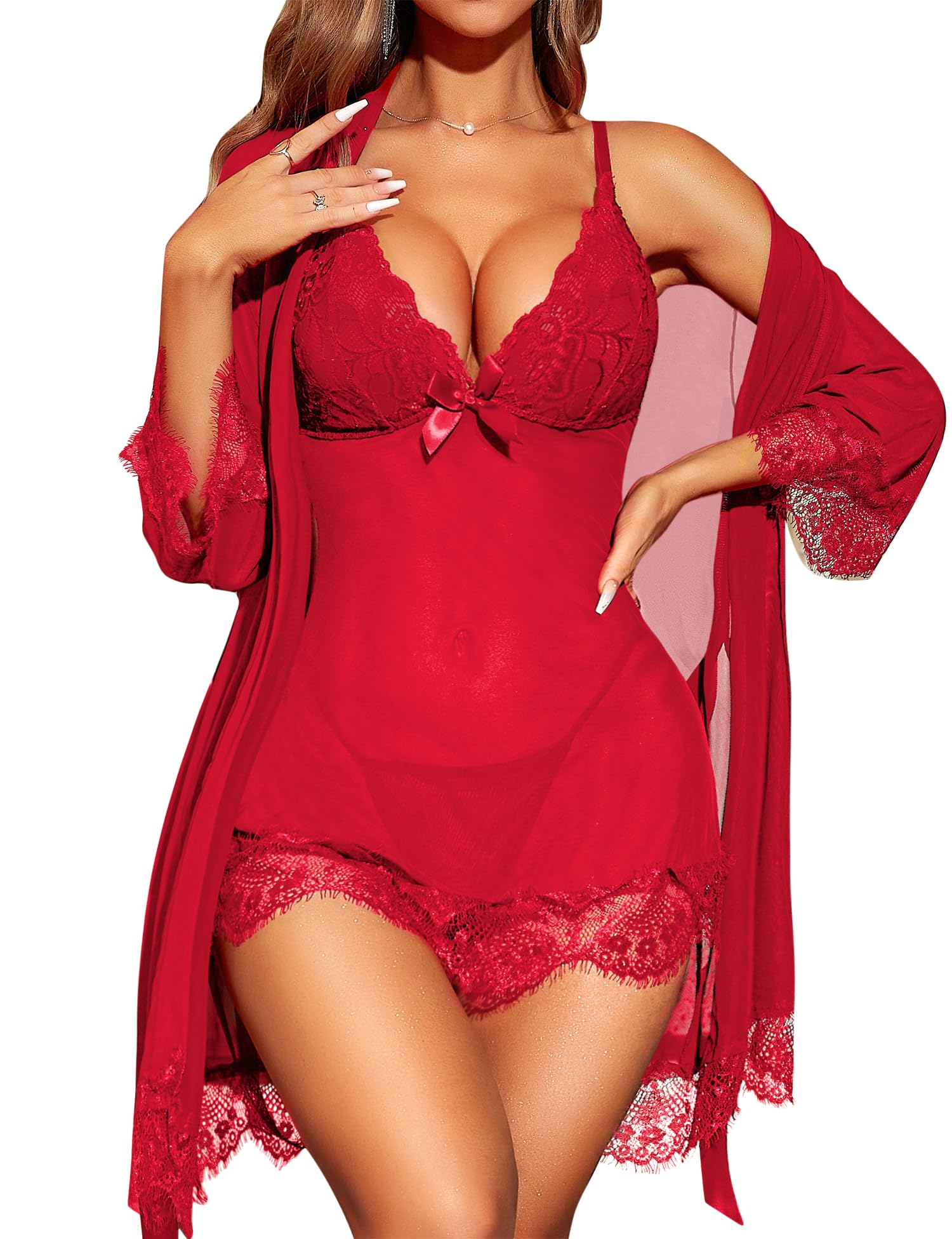 RSLOVE Women Sexy Lingerie Set 3 Piece Babydoll & Lace Kimono Robe Strap Chemise Mesh Nightgown Wine Red M