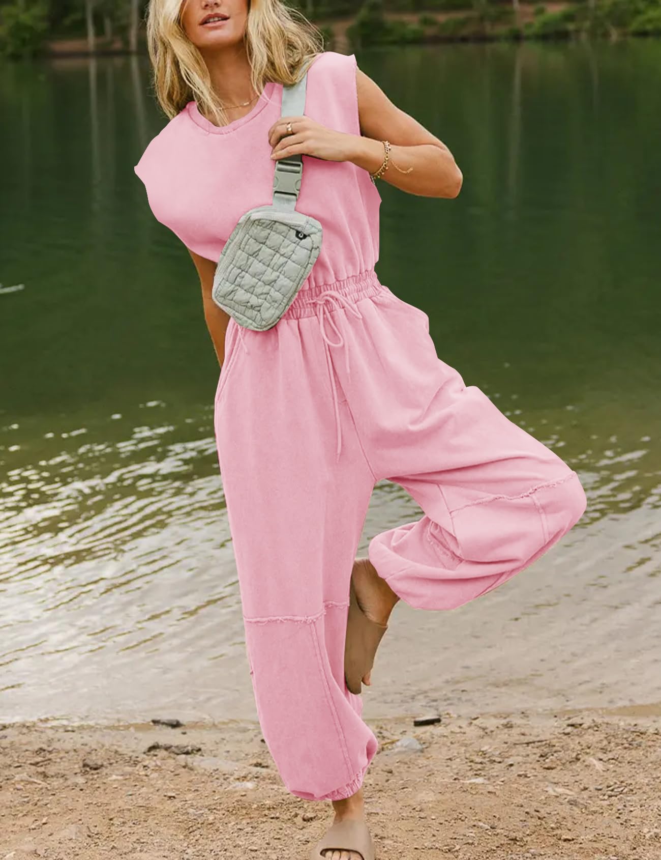 Flygo Womens Casual Jumpsuit Crewneck Cap Sleeve Long Wide Leg Pants One Piece Outfits Drawstring Romper with Pockets(LightGrey-M)