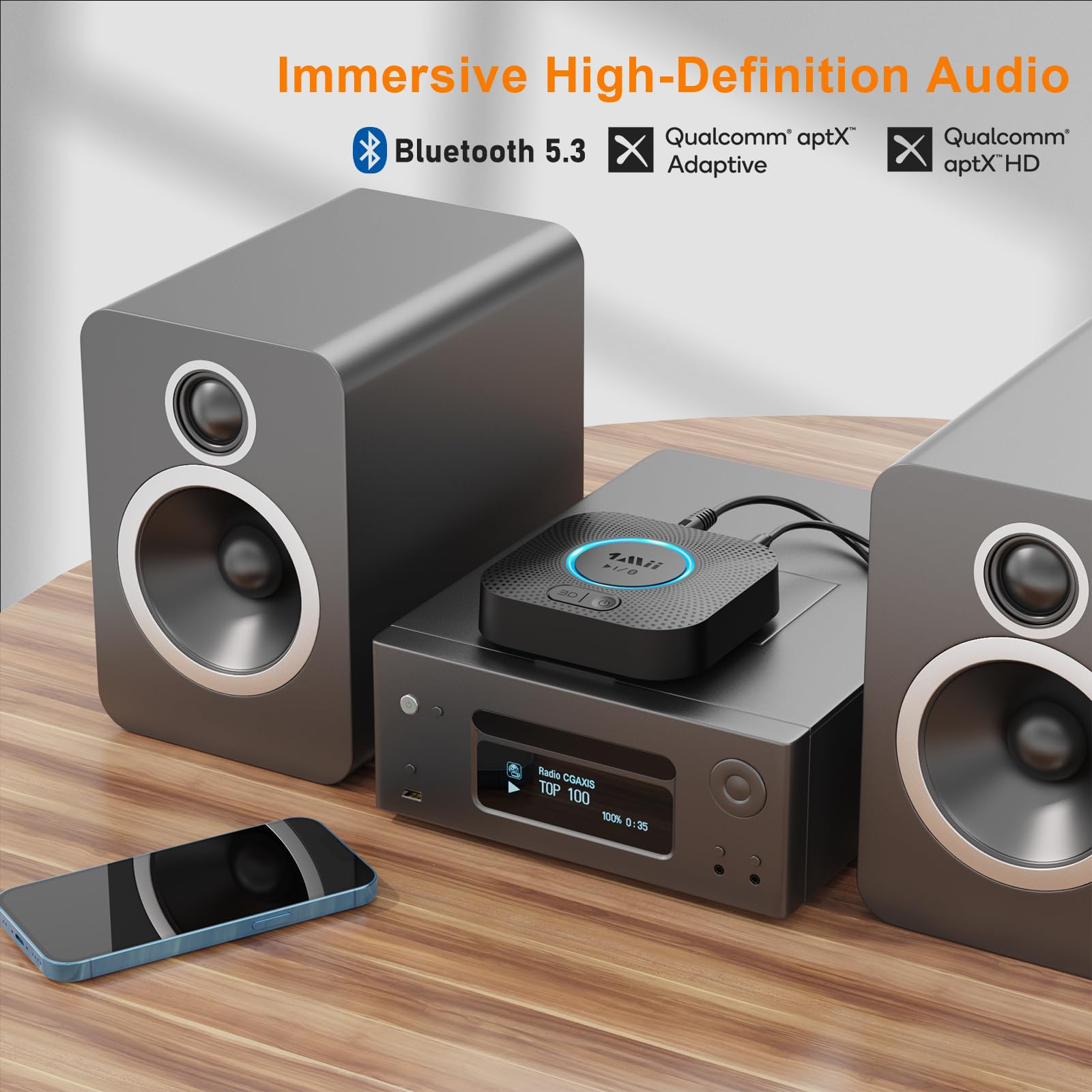 [Upgraded] 1Mii B06 Plus Bluetooth Receiver, HiFi Wireless Audio Adapter, Bluetooth 5.3 Receiver with 3D Surround aptX HD aptX Adaptive for Home Music Streaming Stereo System