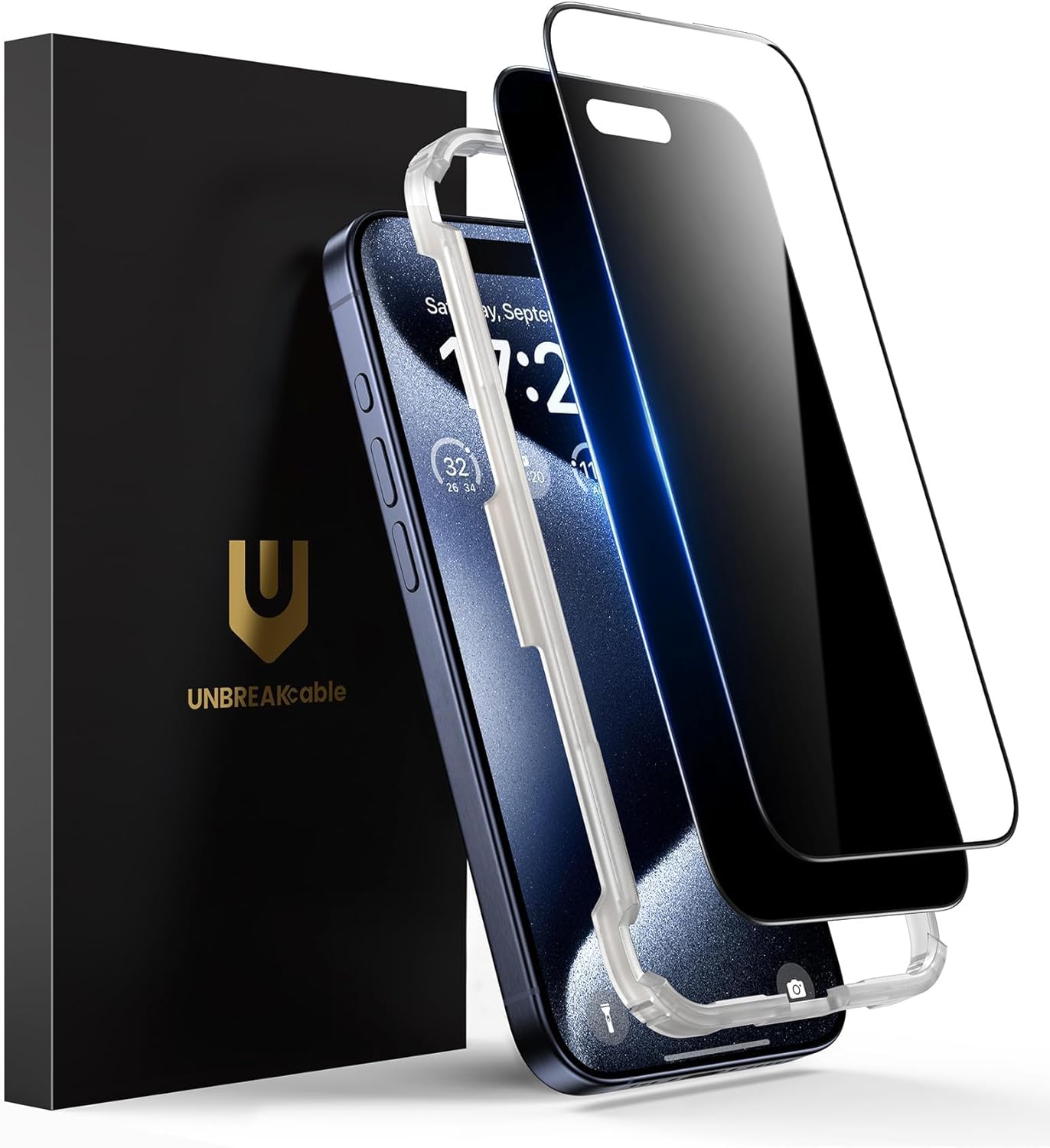 UNBREAKcable 2PCS Screen Protector for iPhone 16-1 Privacy Tempered Glass+1 Clear Glass Double Shatterproof [Easy Installation Frame] [9H Hardness] [Case Friendly] Anti-Scratch for iPhone 6.1 inch