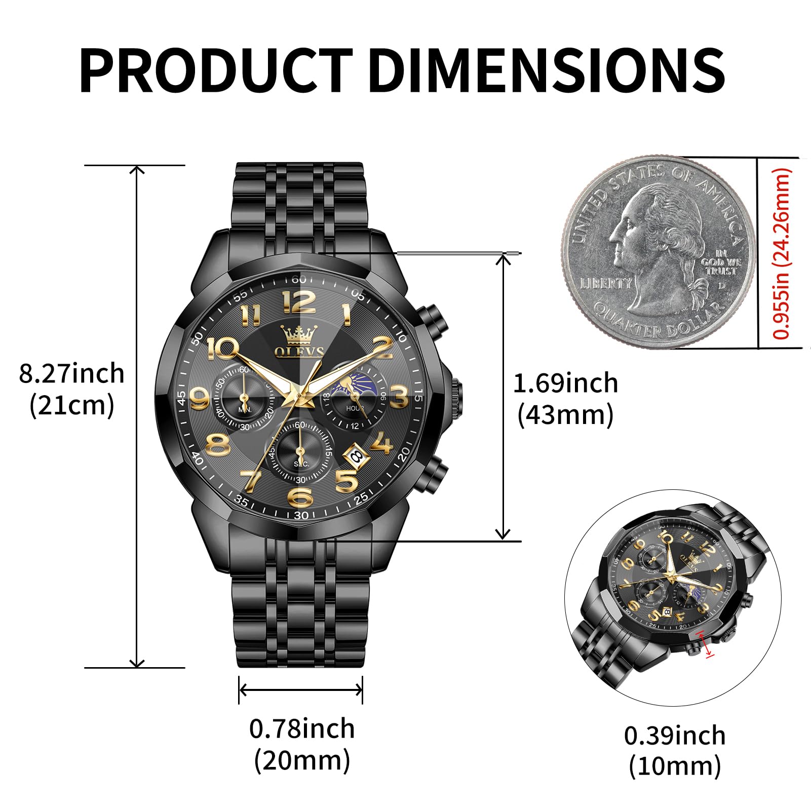 OLEVS Watches Men Luxury Chronograph Moon Phase Waterproof Luminous Watches for Men Analog Quartz Calendar Stainless Steel Strap Wrist Watches-(Black/Blue/Gold/Grey/Silver Face)