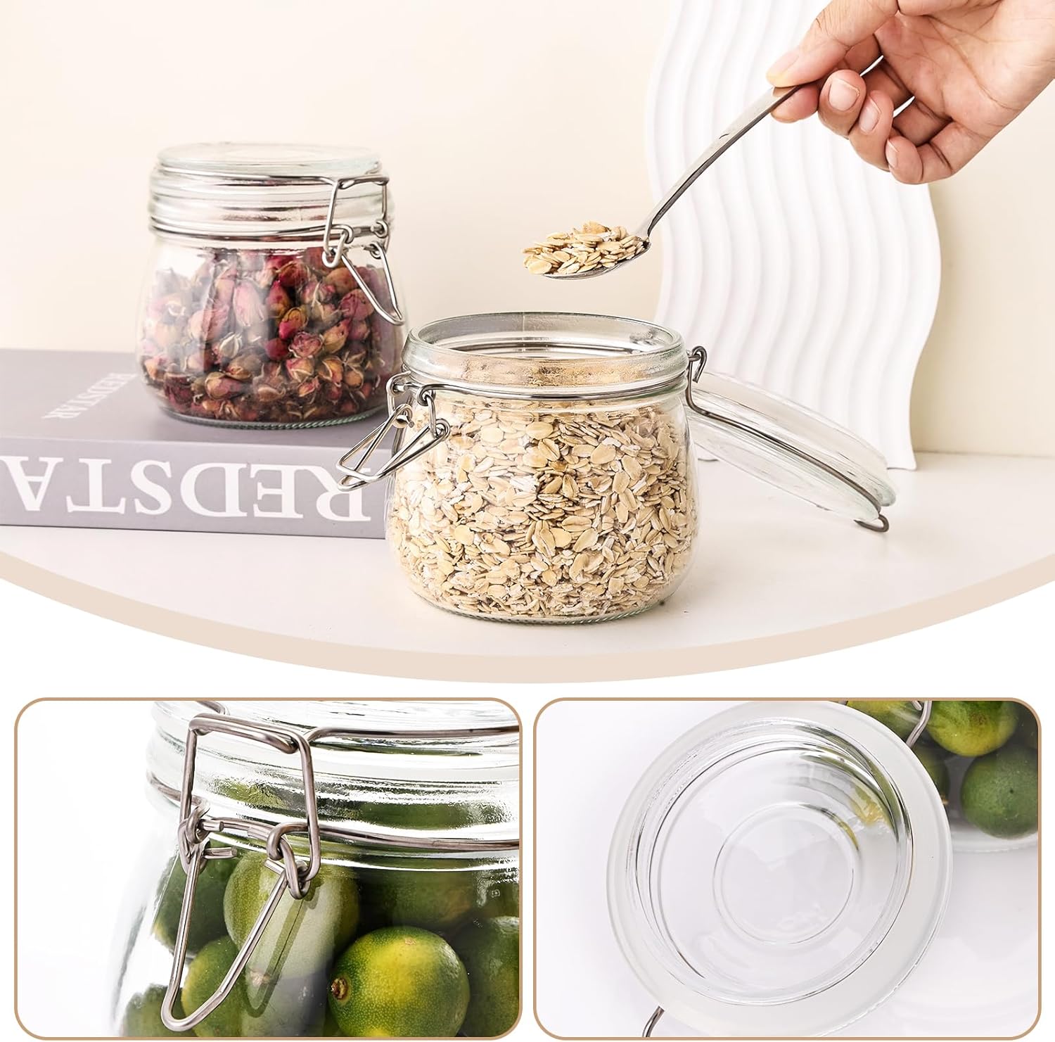 16oz - 6 Pack Round Glass Jars with Airtight Lid, Wide Mouth Mason Jars with Clamp Lids, Air Tight Glass Canisters, Food Storage Containers for Cereal, Pasta, Beans, Sugar, Coffee, Spice