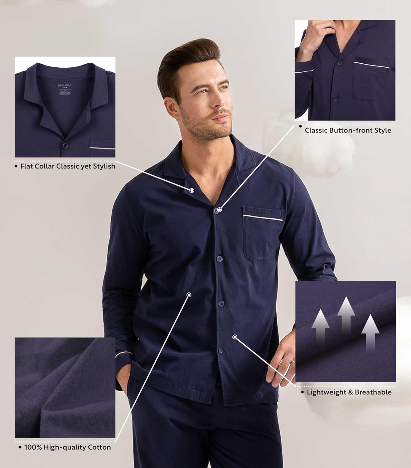 DAVID ARCHY Mens Pajamas Set Soft Cotton Notched Collar Pajamas for Men Long Sleeve Mens Sleepwear with Pockets & Front Fly