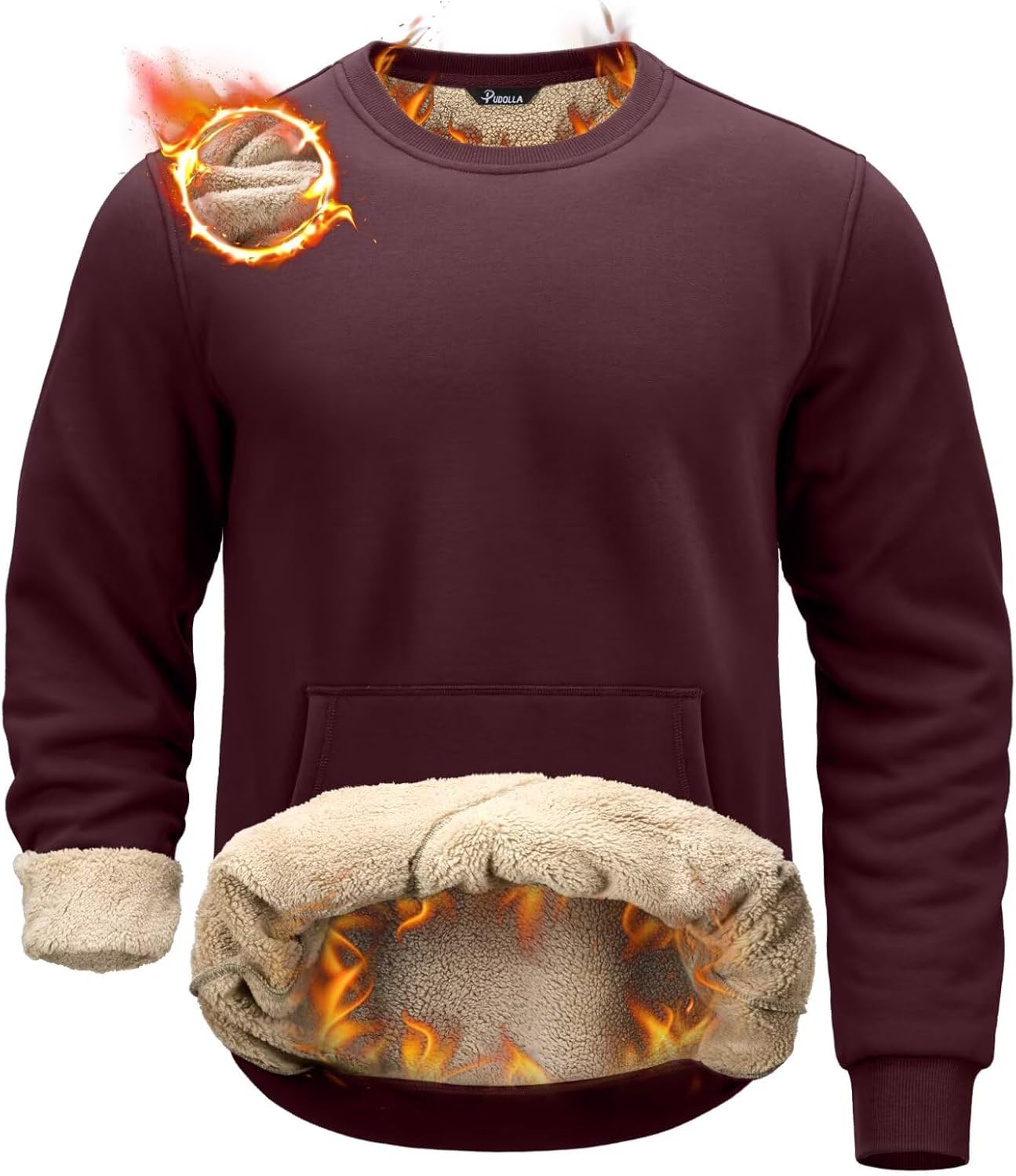 Pudolla Men's Sherpa Lined Sweatshirts Warm Soft Crewneck Sweatshirts Heavyweight Winter Pullover Kangaroo with Pouch Pocket