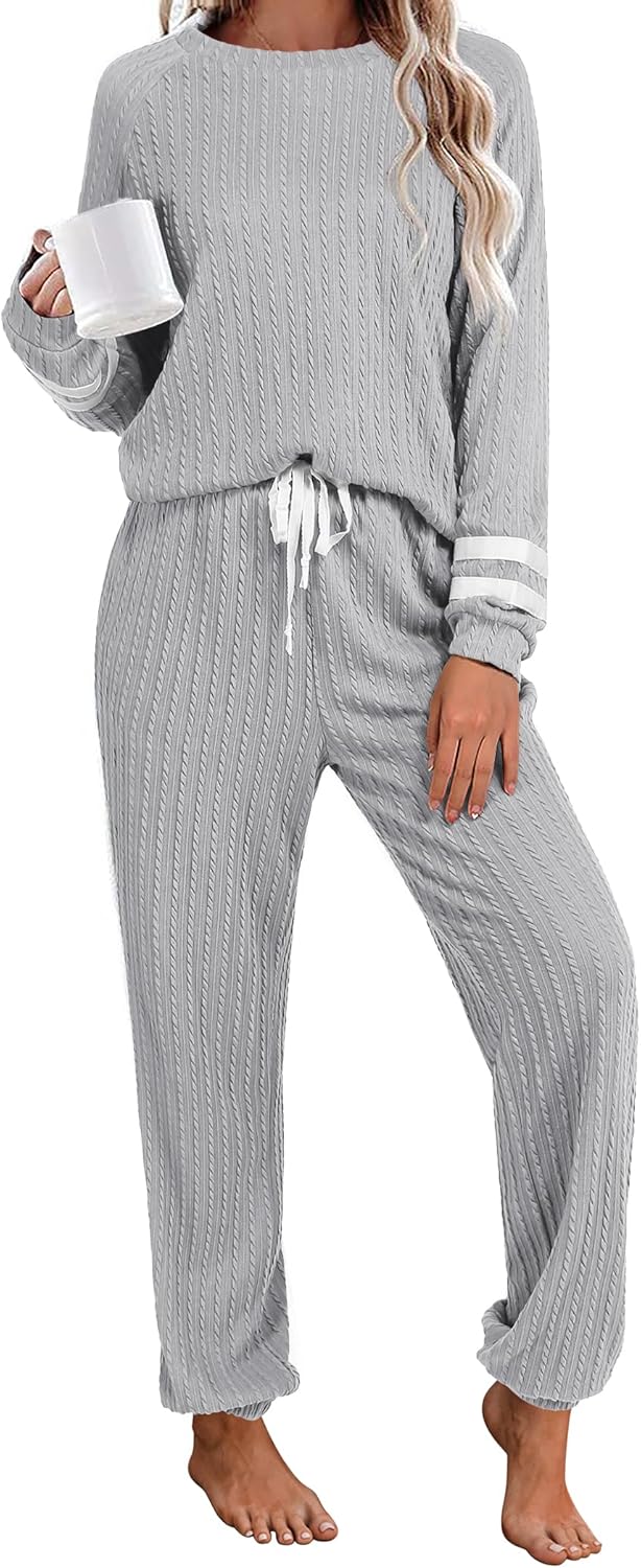Ekouaer Lounge Sets for Women Ribbed Knit Outfits Pajamas Sets 2 Piece Long Sleeve Sweatsuits with Pockets
