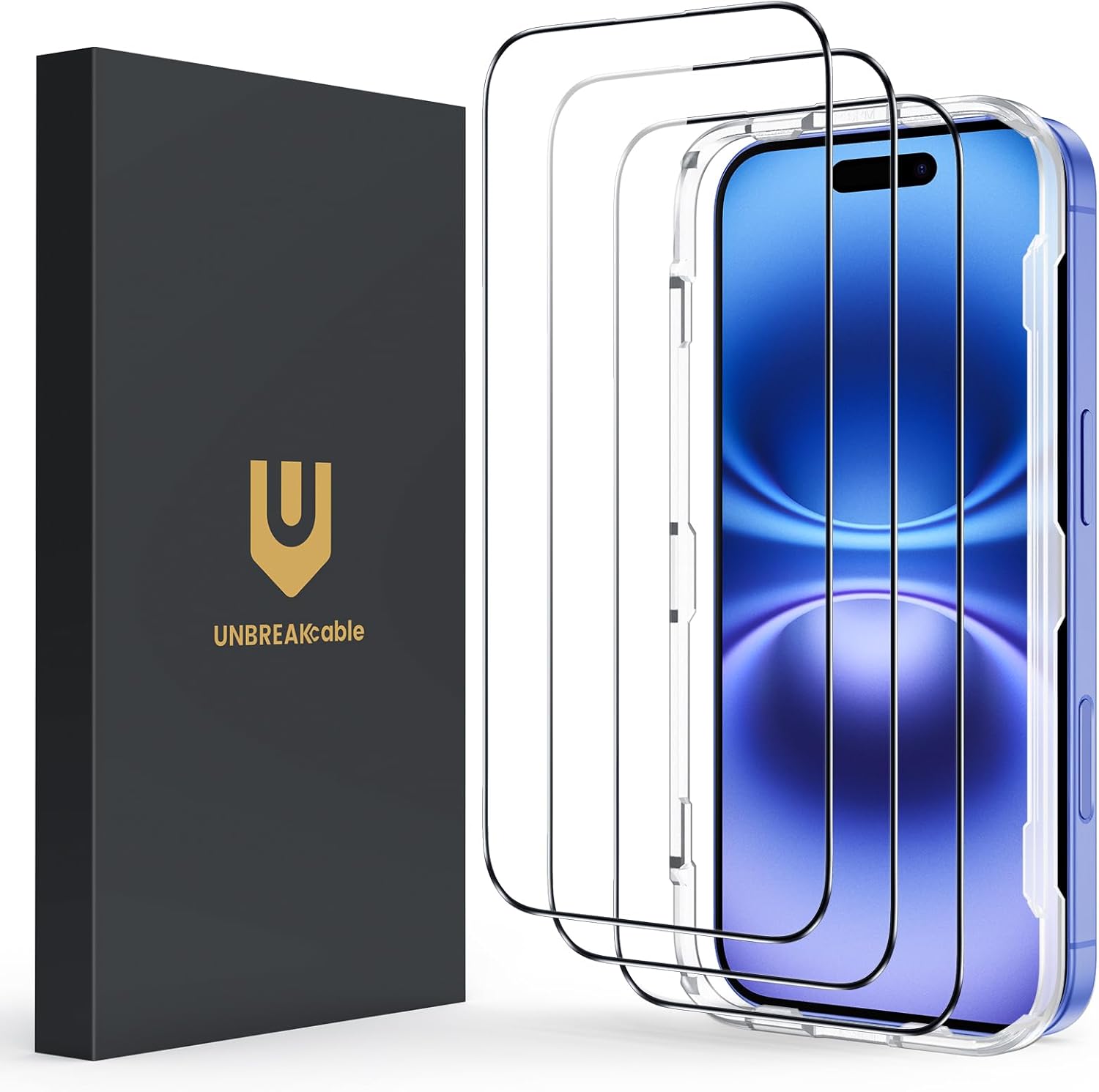 UNBREAKcable 3-Pack Screen Protector for iPhone 16/15, Shatterproof Tempered Glass [Easy Installation Frame] [99.99% HD Clear] [Case Friendly] [9H Hardness] [Full Coverage] for Apple 6.1 inch