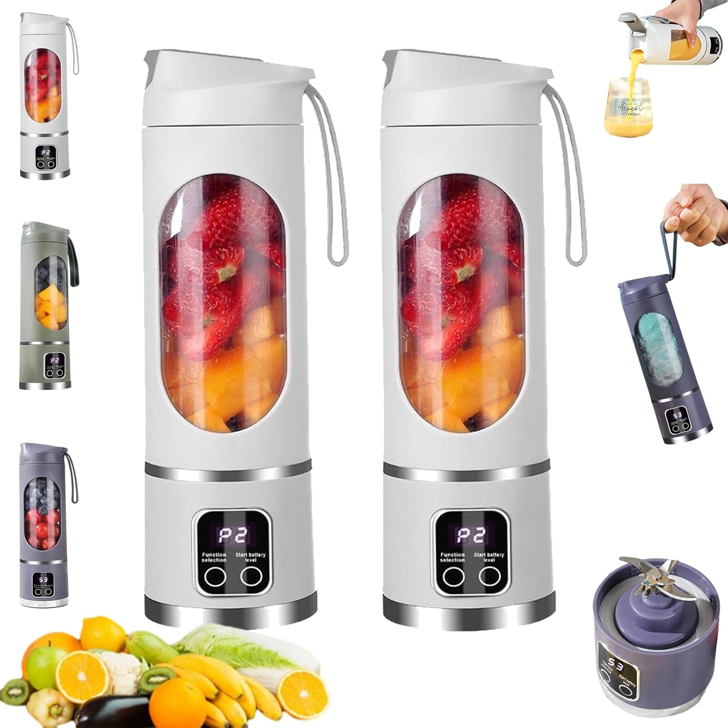 Digital Multimode Juicer Blender, Portable Blender Personal Electric,500ml Portable Juicer For Shakes And Smoothies, Best For Home & Travel (2PCS White Army Green)