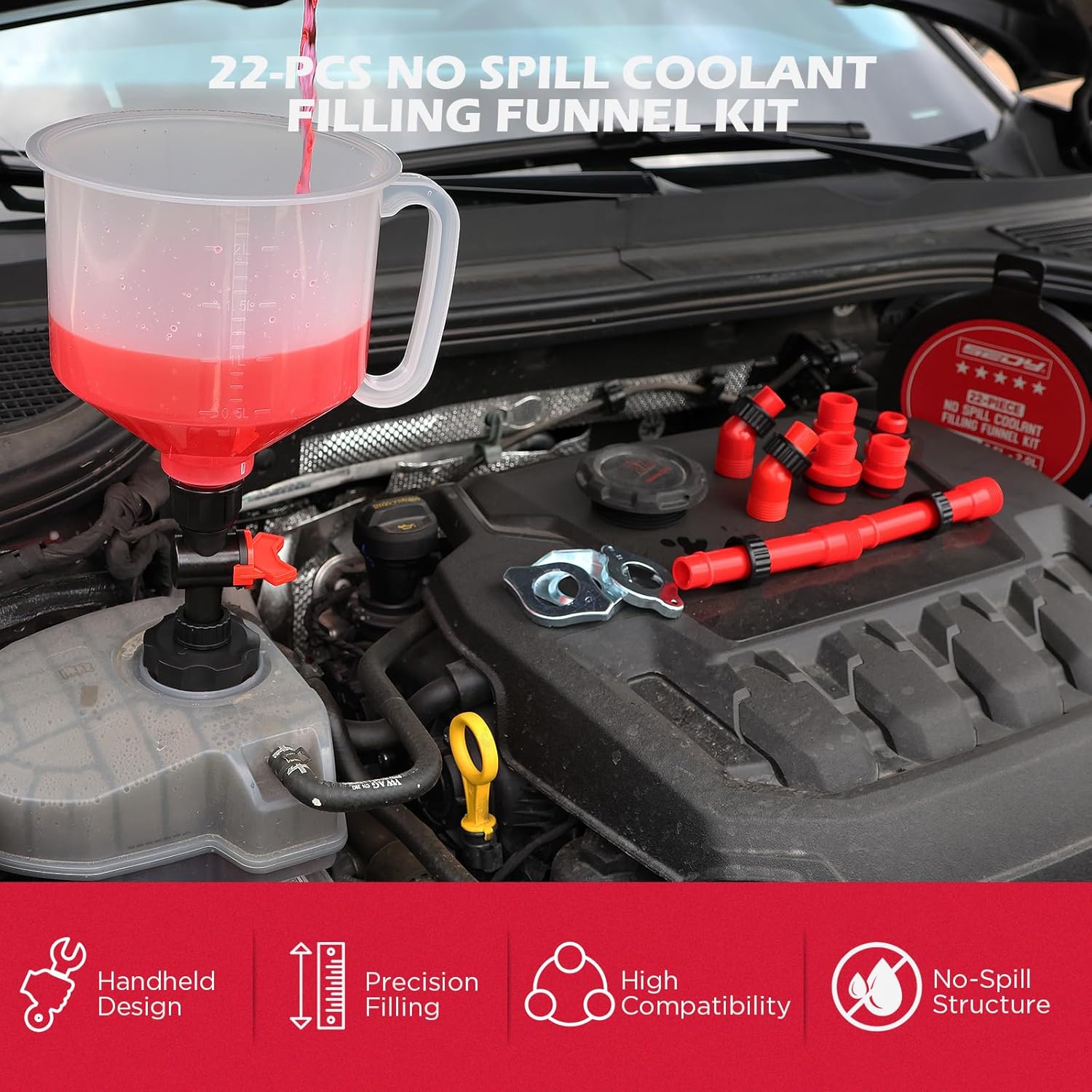 22-Piece No-Spill Coolant Filling Funnel Kit and Siphon Hose Pump, Radiator Coolant Filling Spill-Proof Funnel Kit with Adapters, Extensions, PVC Hose, Engine Oil Funnels, Towel for Universal Vehicle