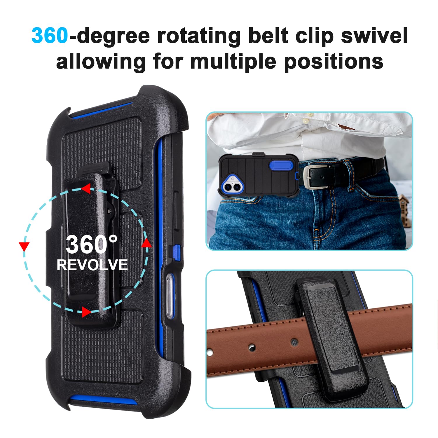 Black for iPhone 16 Case with Belt Clip Holster, Heavy Duty Rugged Military Grade Shockproof Case for iPhone 16 Case Protective Cover with Kickstand 6.1 Inch