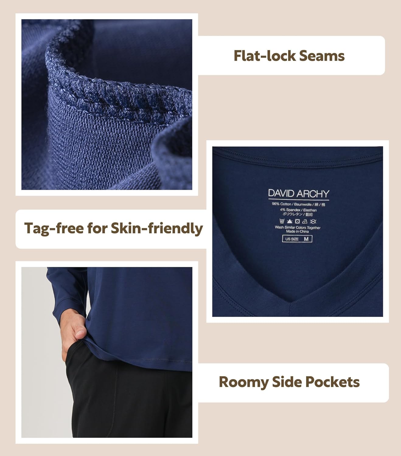 DAVID ARCHY Men's Pajamas Set Soft Cotton Long Sleeve Sleepwear Comfy Loungewear Pjs with Pockets