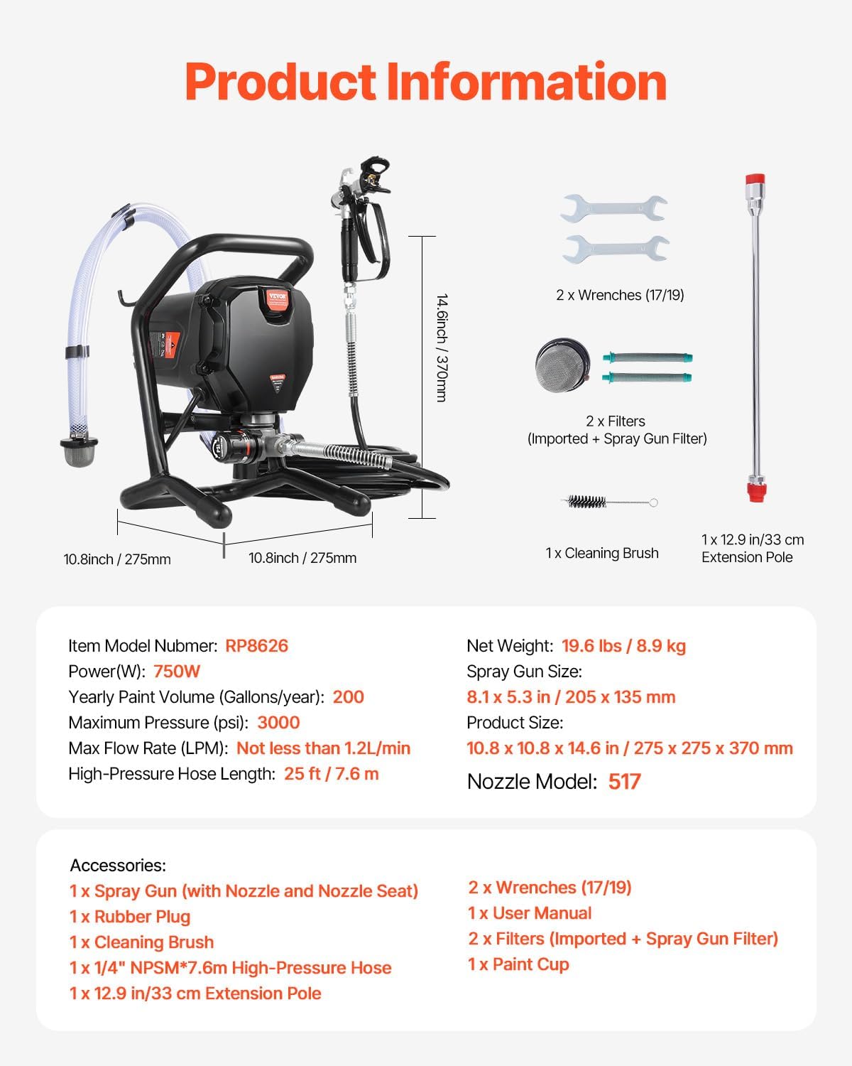 VEVOR 750W Stand Airless Paint Sprayer, 3000PSI High Efficiency Electric Airless Sprayer, Fine and Even Painting Effect, Handheld Paint Sprayers for Home Interior and Exterior Furniture and Fences