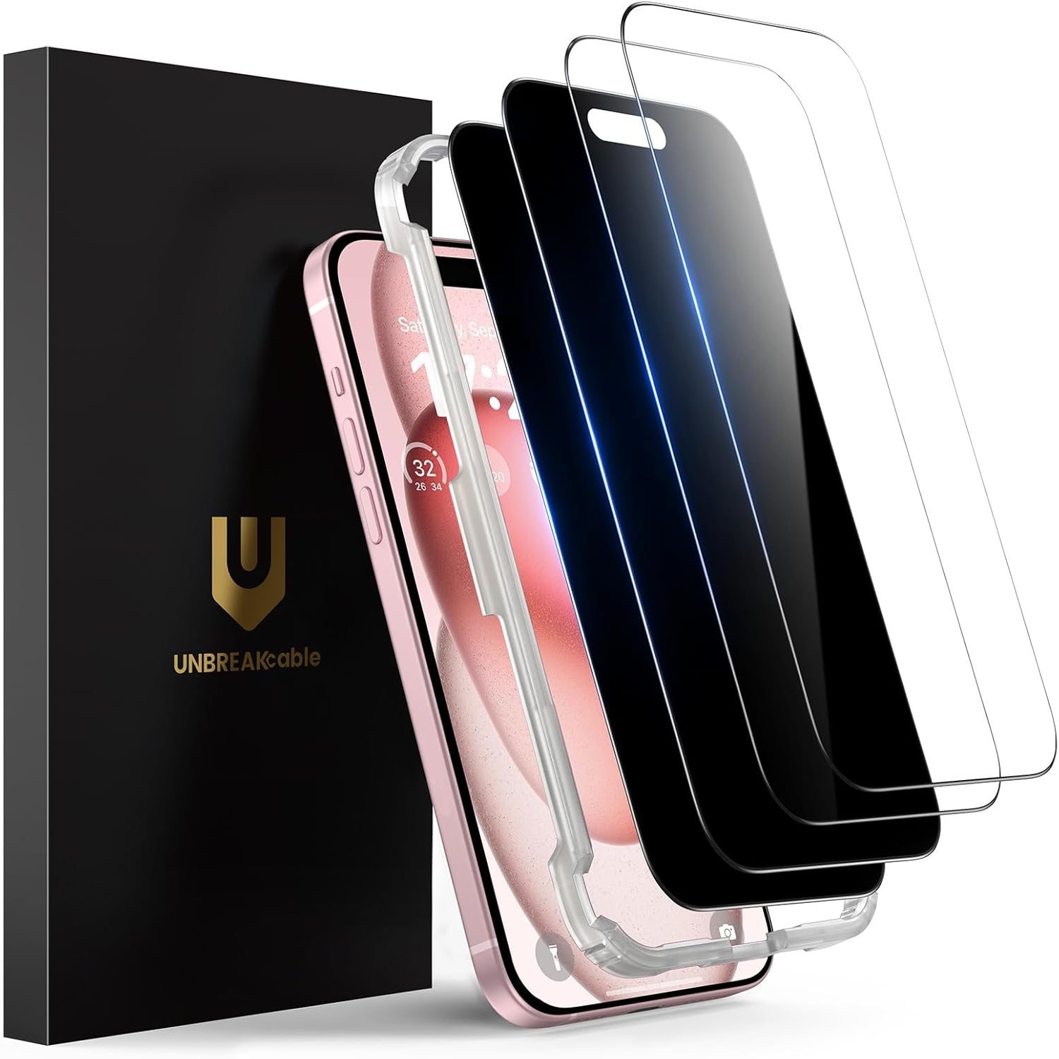 UNBREAKcable 4PCS Screen Protector for iPhone 15-2 Privacy Tempered Glass+2 Clear Glass Double Shatterproof [Easy Installation Frame] [9H Hardness] [Case Friendly] Anti-Scratch for iPhone 6.1 inch