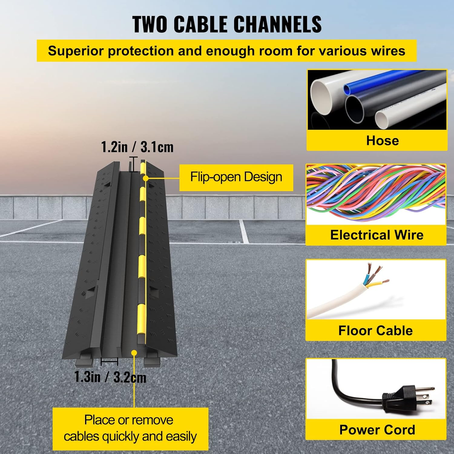 VEVOR Cable Protector Ramp, 5 Packs 2 Channels Speed Bump, Rubber Modular Humps Rated 11000 LBS Load Capacity, Protective Wire Cord Ramp Driveway Rubber Traffic Speed Bumps Cable Protector