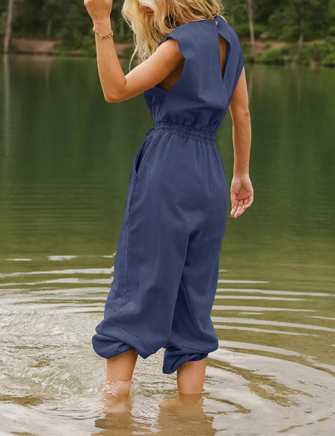 Flygo Womens Casual Jumpsuit Crewneck Cap Sleeve Long Wide Leg Pants One Piece Outfits Drawstring Romper with Pockets(LightGrey-M)