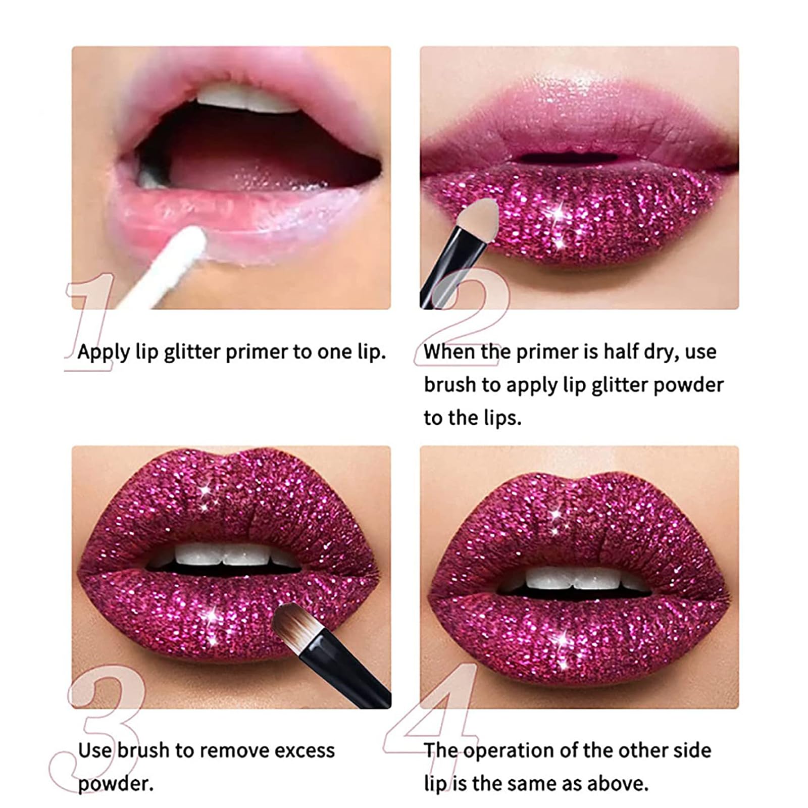 YECDET Sheglittary Glitter Lip Kit, 4 Color Glitter Lipstick with Lip Primer and Brush, Diamond And Glitter Metallic Lip Powder, Waterproof & Long Lasting & Smudge Proof (Set A)