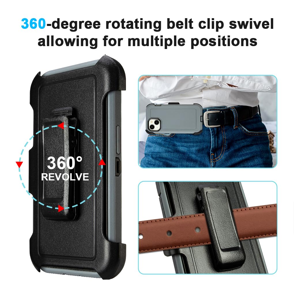 Shockproof Case for iPhone 16 Plus, Heavy Duty, Anti-Drop, 3 Layers, Grey with Belt Clip