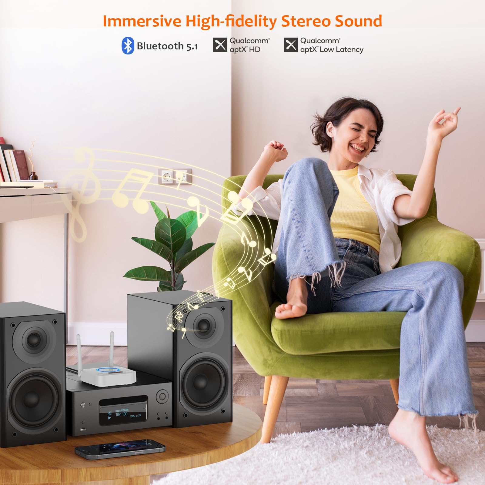 [Upgraded] 1Mii B06Pro Long Range Bluetooth Receiver, HiFi Wireless Audio Adapter, Bluetooth 5.1 Receiver with 3D Surround aptX HD Low Latency Optical RCA AUX 3.5mm Coaxial for Home Stereo System