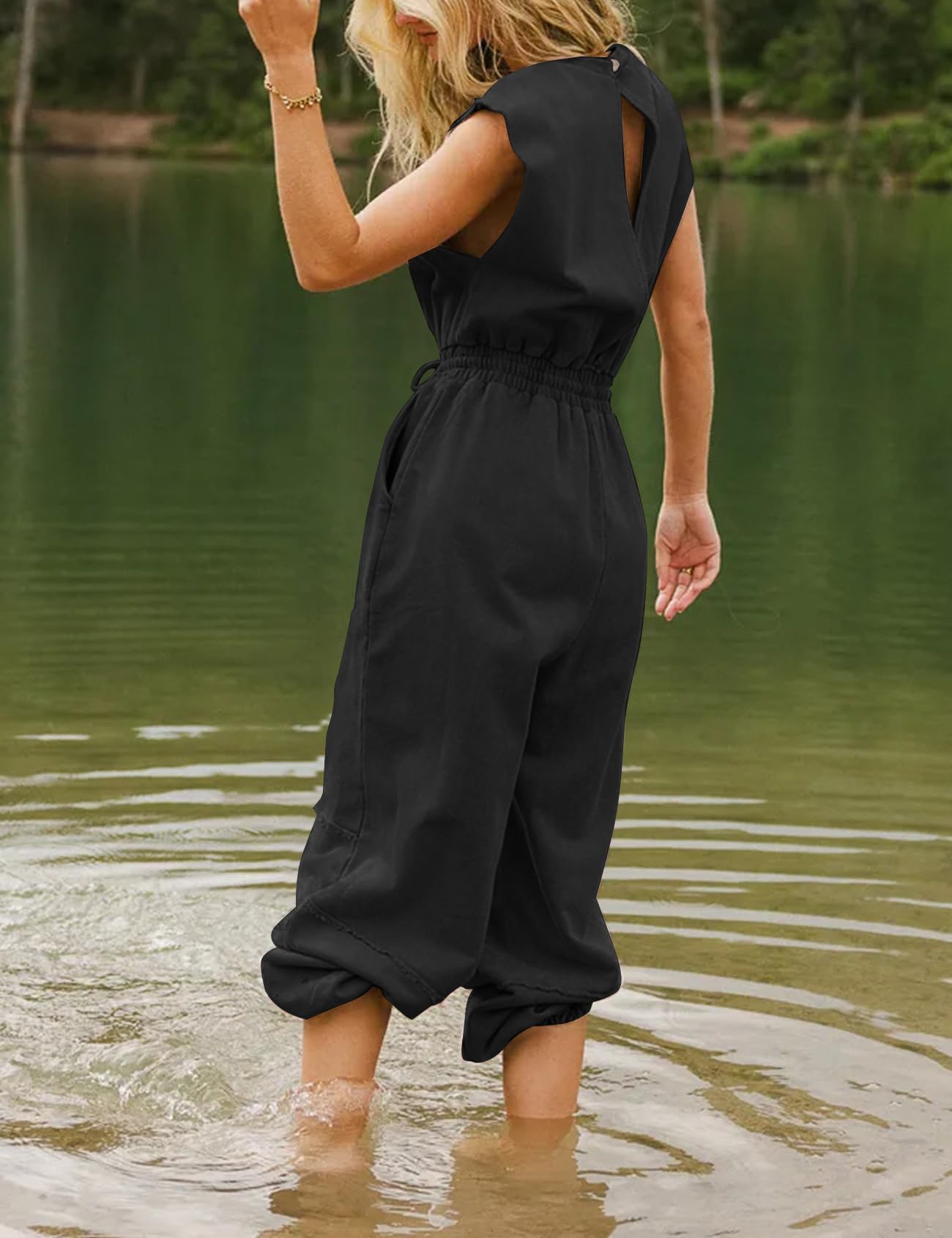 Flygo Womens Casual Jumpsuit Crewneck Cap Sleeve Long Wide Leg Pants One Piece Outfits Drawstring Romper with Pockets(LightGrey-M)