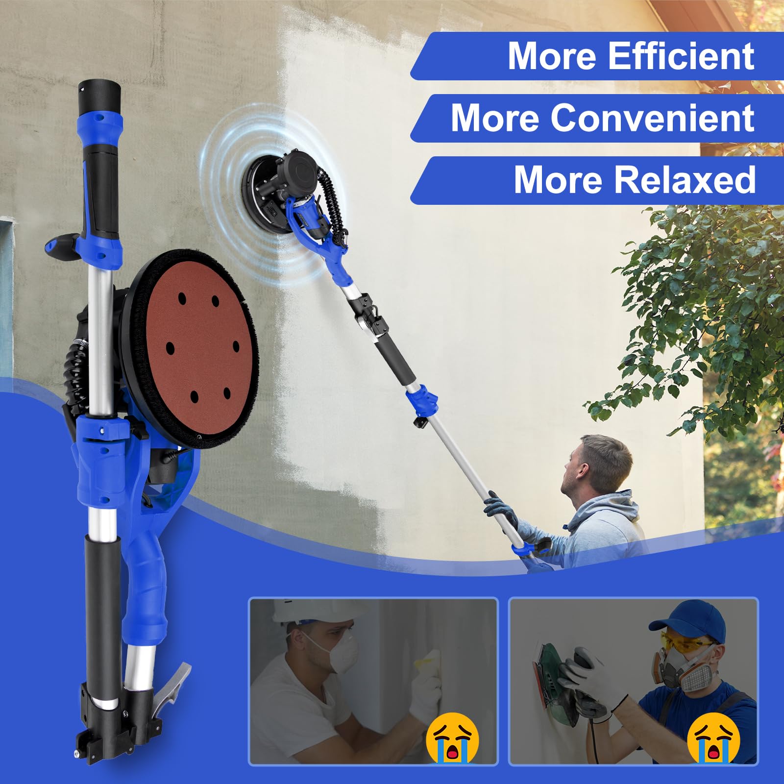 Drywall Sander, 1000W Popcorn Ceiling Removal Tool, Automatic Drywall Sander with Vacuum Dust Collection, LED Light, 6 Variable Speed 800-2200RPM,15Pcs Sanding Discs, Foldable & Extendable Handle