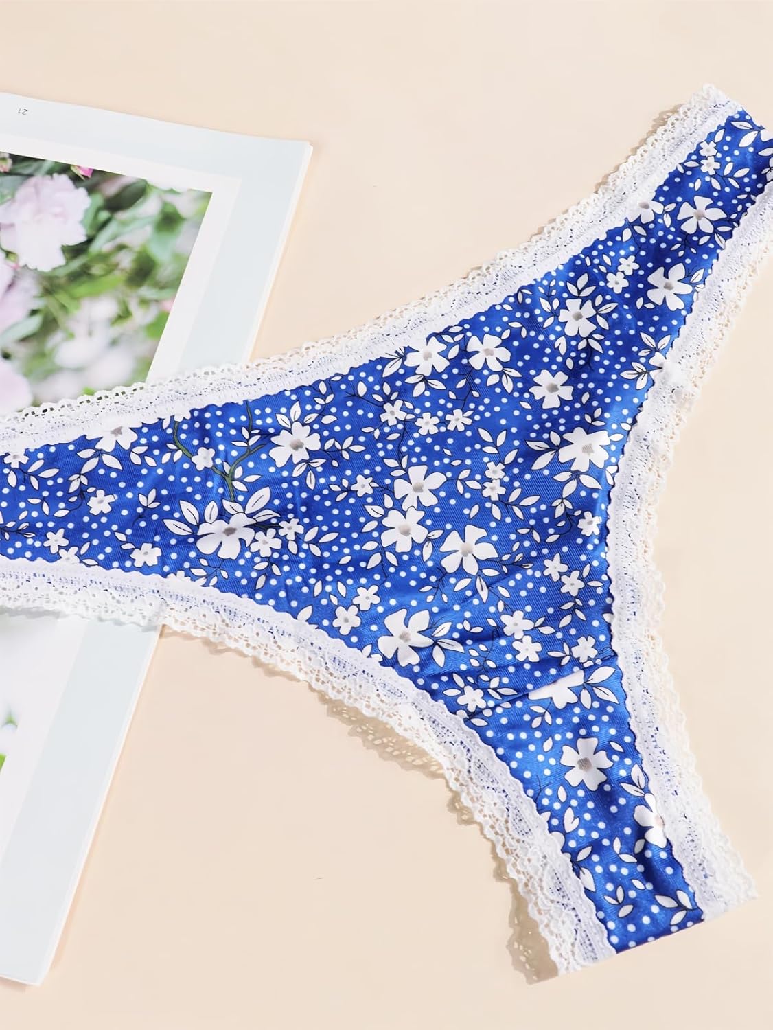 Morvia 10-Pack Women Sexy Coquette Contrast Lace Trims Floral Print Thongs Underwear