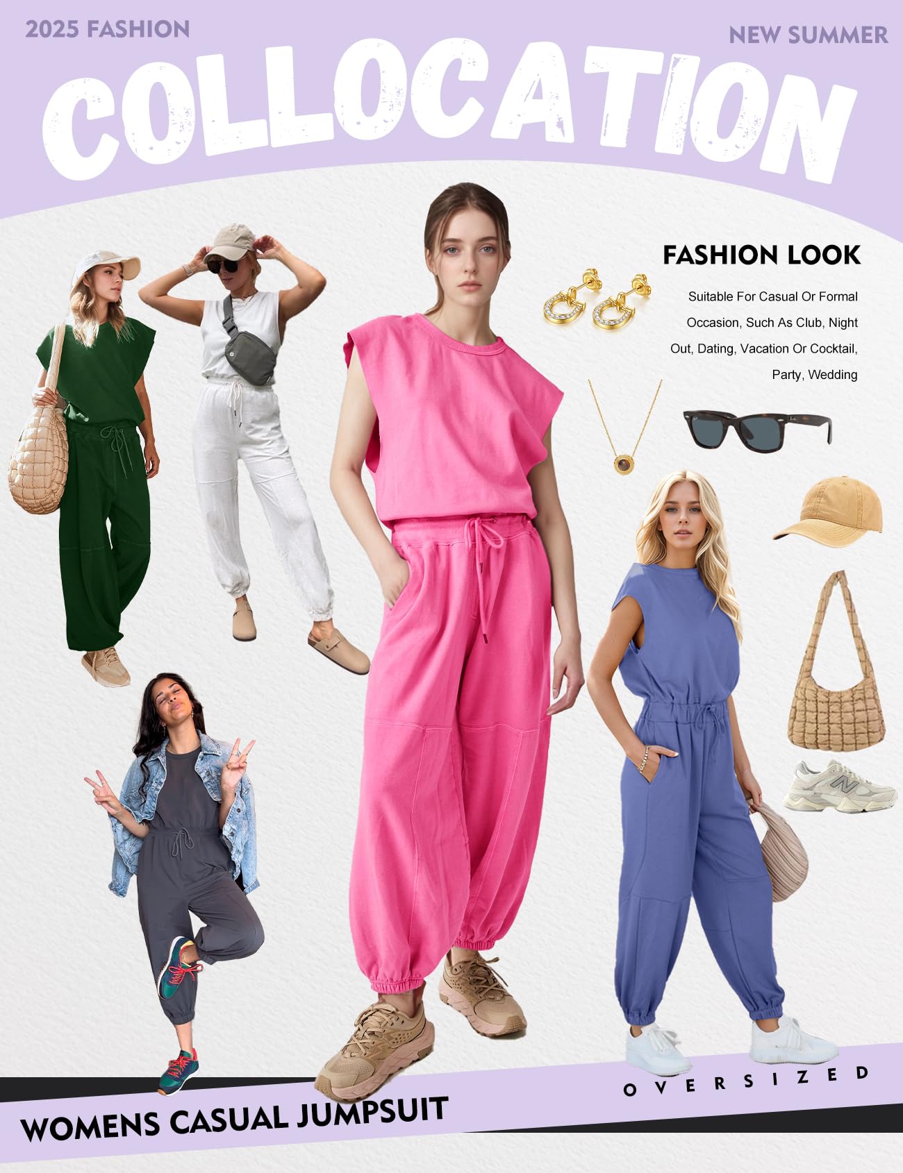 Flygo Womens Casual Jumpsuit Crewneck Cap Sleeve Long Wide Leg Pants One Piece Outfits Drawstring Romper with Pockets(LightGrey-M)