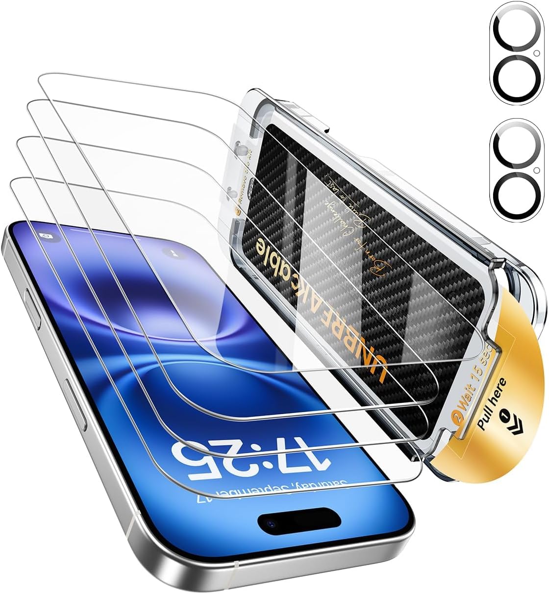 UNBREAKcable for iPhone 16 Pro Screen Protector 4+2 Pack [9H+ Military-Grade Shatterproof] [Effortless Bubble-Free Installation] Ultra HD Clarity Tempered Glass with Lens Protector, Case friendly