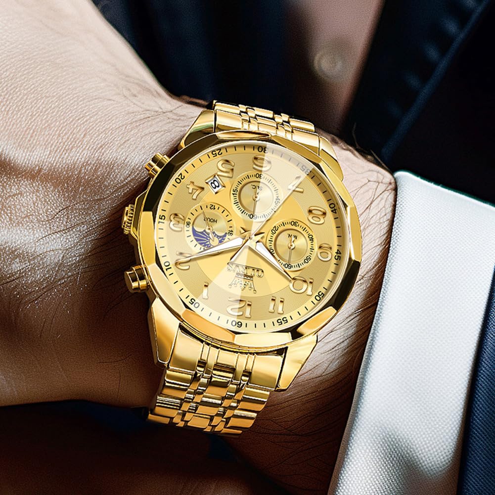 OLEVS Watches Men Luxury Chronograph Moon Phase Waterproof Luminous Watches for Men Analog Quartz Calendar Stainless Steel Strap Wrist Watches-(Black/Blue/Gold/Grey/Silver Face)