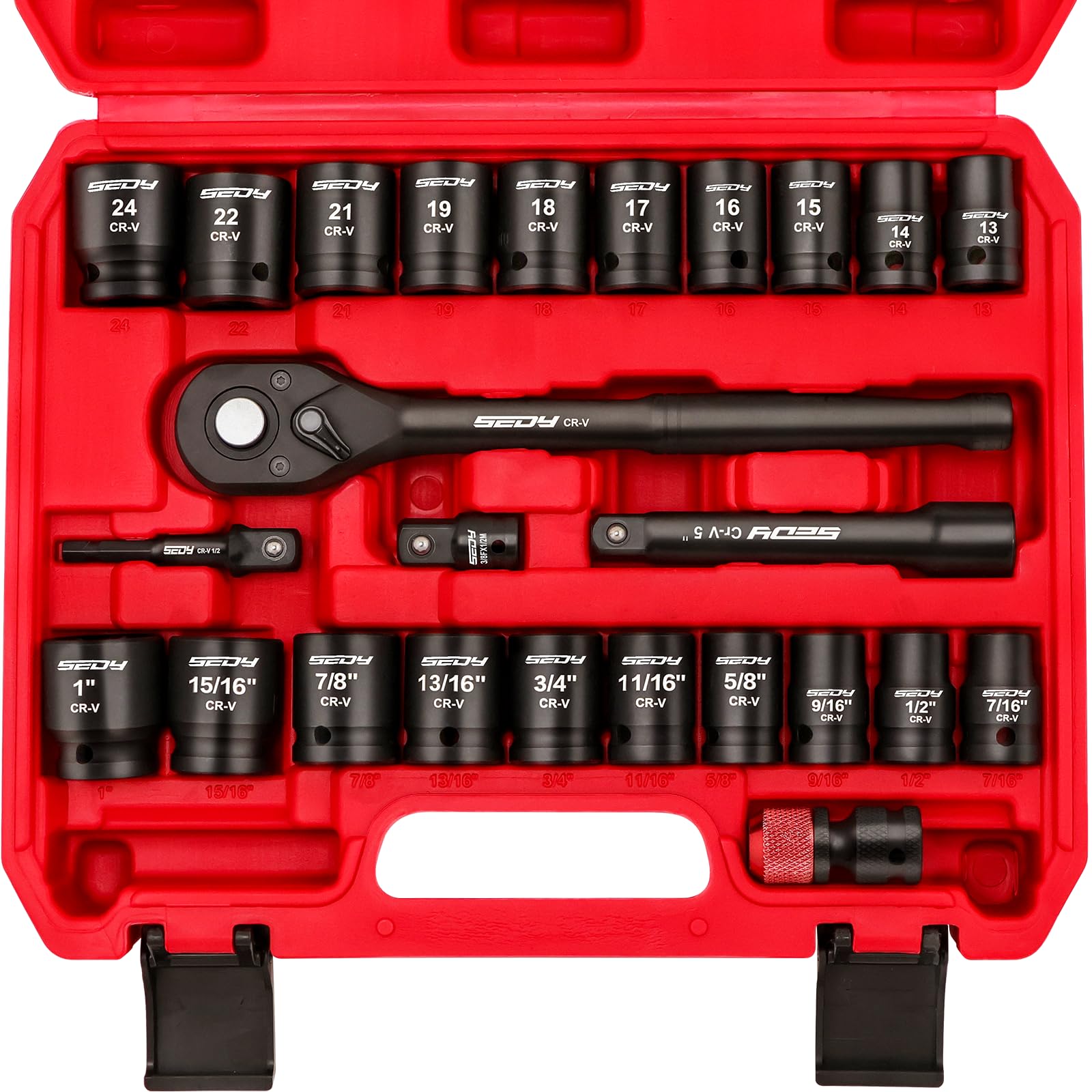 29-Piece 1/2" Drive Impact Socket Set, SAE (3/8 to 1 inch) and Metric (10-24mm) Sizes with Extension Bars Standard Deep Socket Set CR-V Material High Durability Impact Wrench