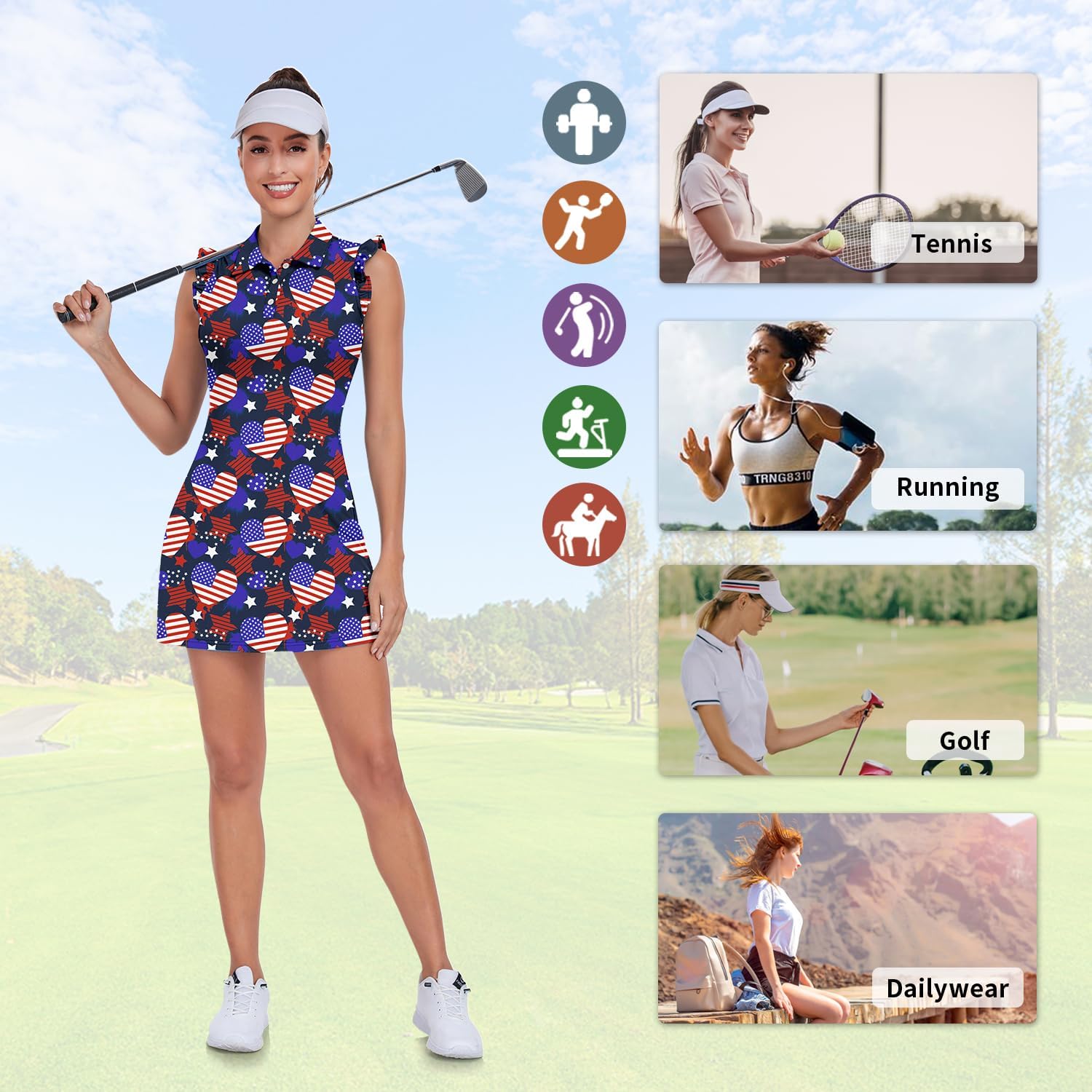 WOWENY Tennis Dress Polo Buttons Golf Dresses with Built in Shorts and Pockets Ruffle Sleeveless Athletic Workout Dress