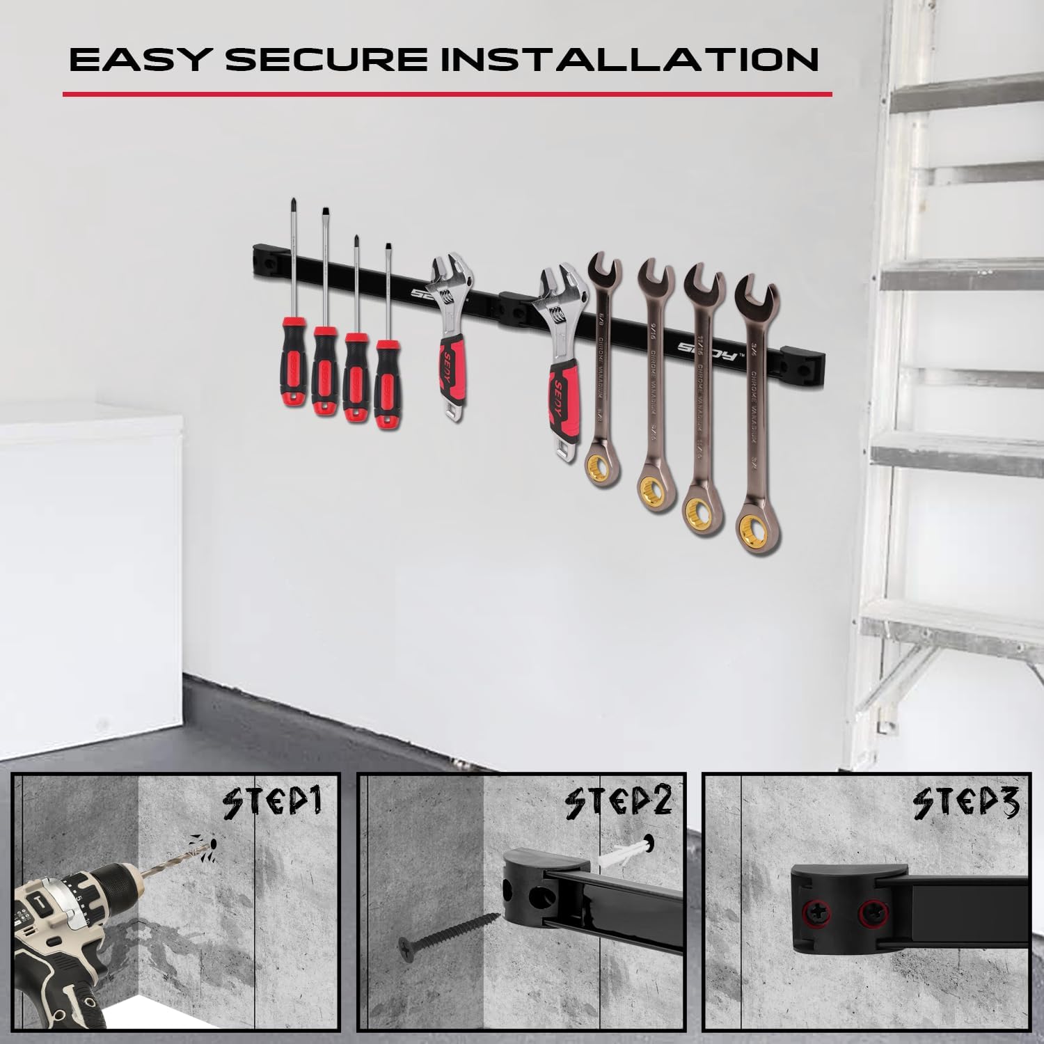 48" Heavy Duty Garage Wall Organizer, Wall Mount Tool Storage Rack with Adjustable Hooks, Garden Tool Organizer Hold Up to 300lbs, Easy Installation (3 Panels, 8 Hooks, 3 Straps)