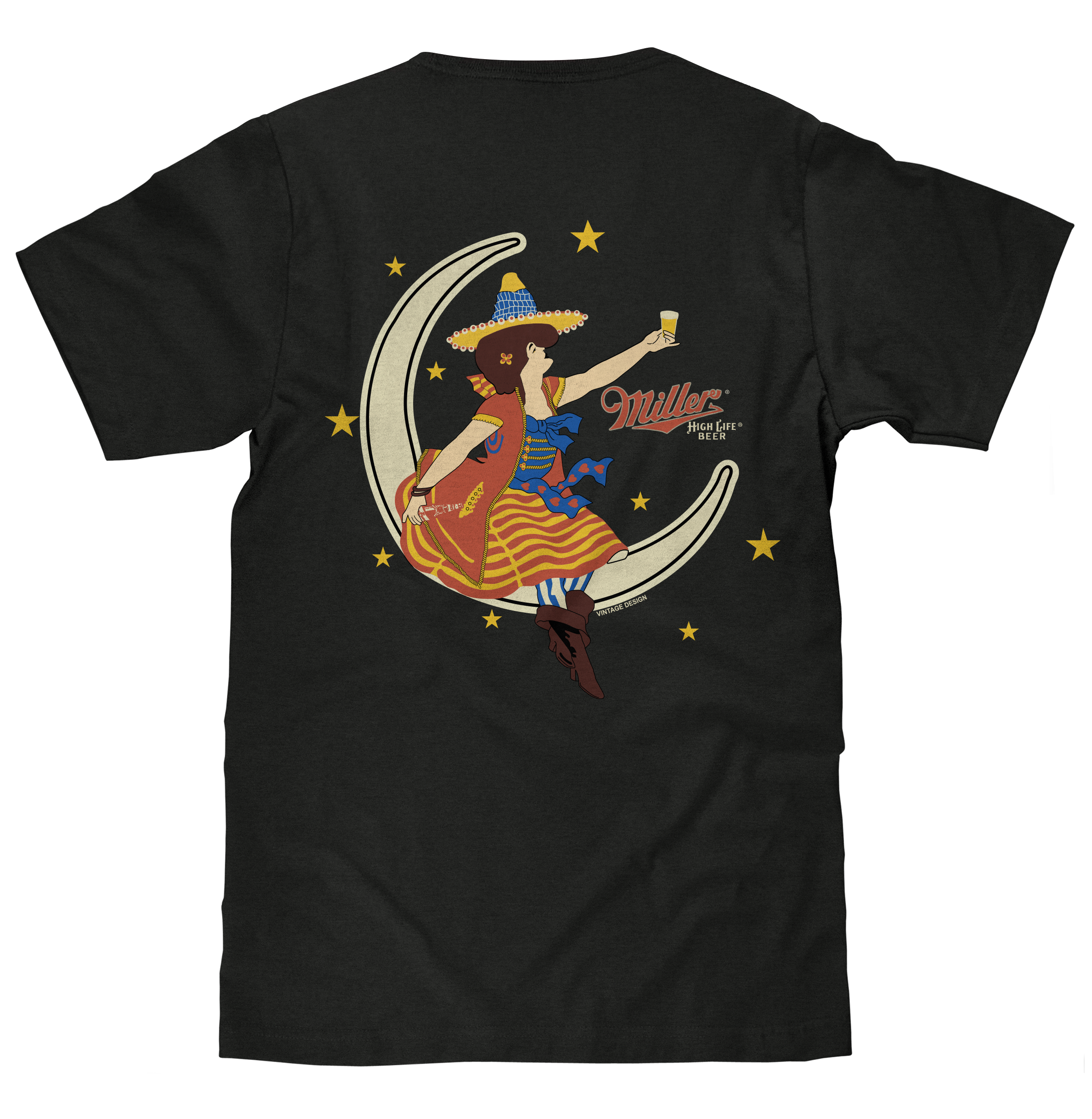 Miller High Life Girl in The Moon Beer Logo T-Shirt - Vintage Black