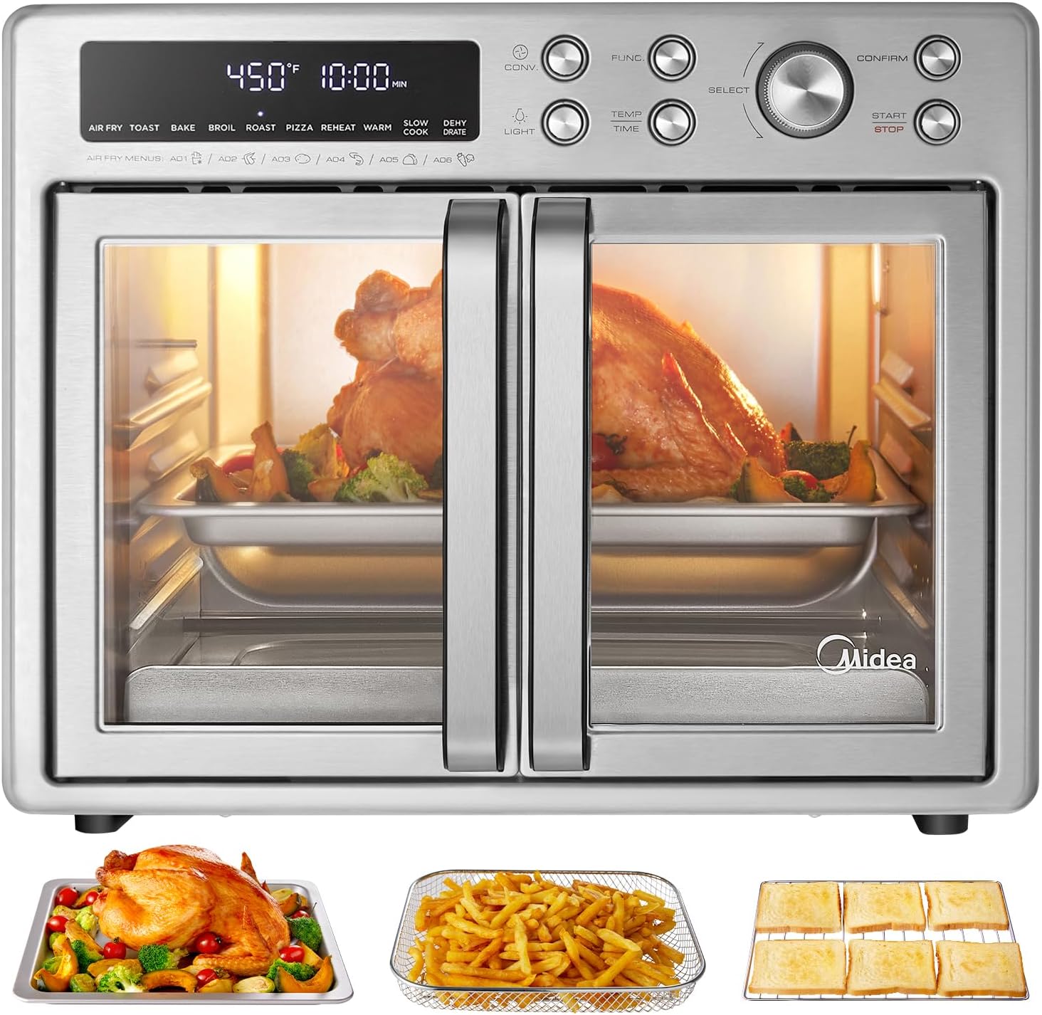 Midea Flexify French Door Toaster Oven Air Fryer Combo, 26.4 QT, Extra Large Air Fryer Countertop Oven 10-in-1 Combo, 25% Faster Cooking and 90% Less Oil, Stainless Steel