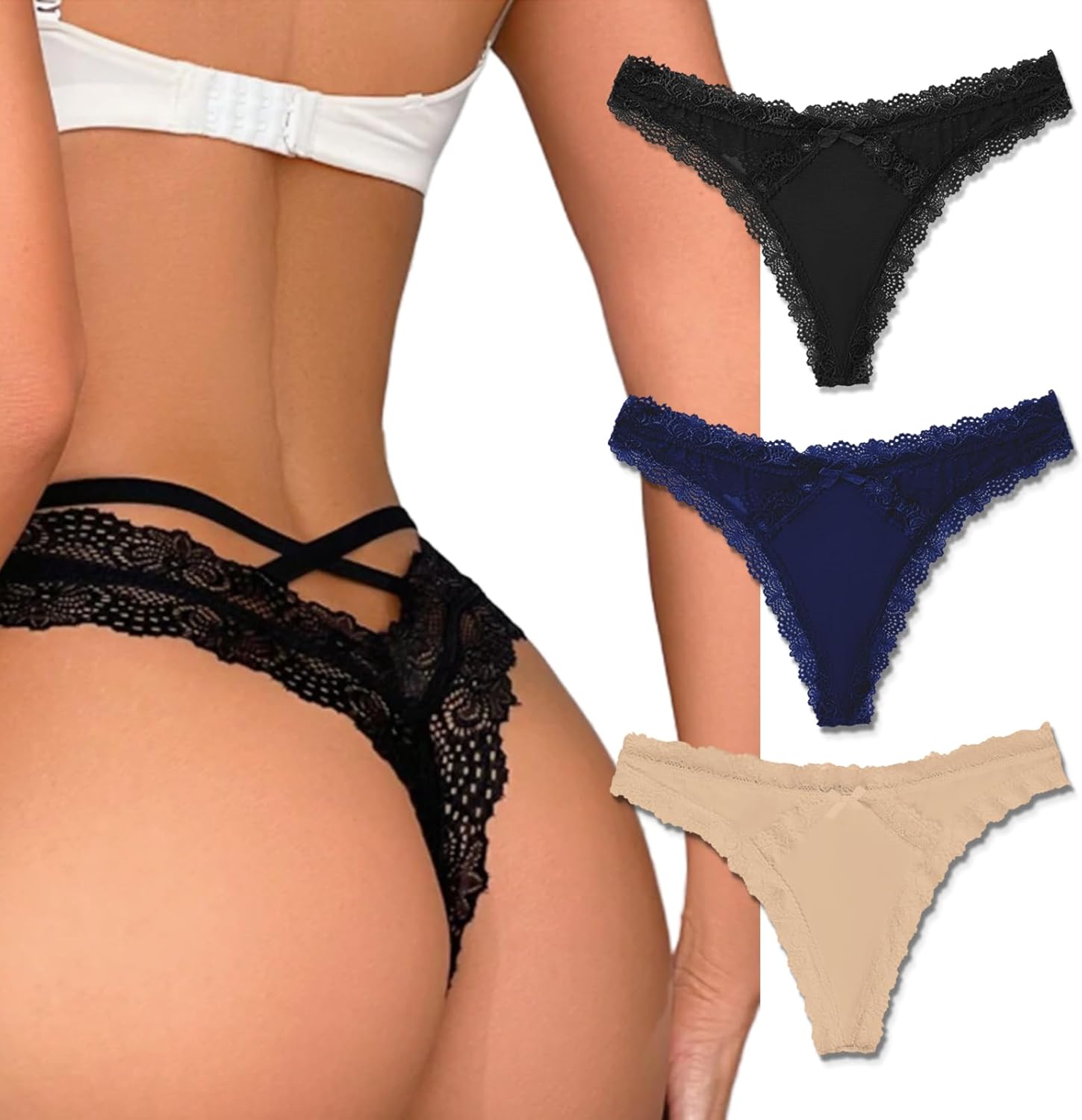 Avidlove Womens Underwear Sexy Lace Panties Low Rise Thong Bikini with Criss Cross Back Breathable Tangas 1-3 Packs