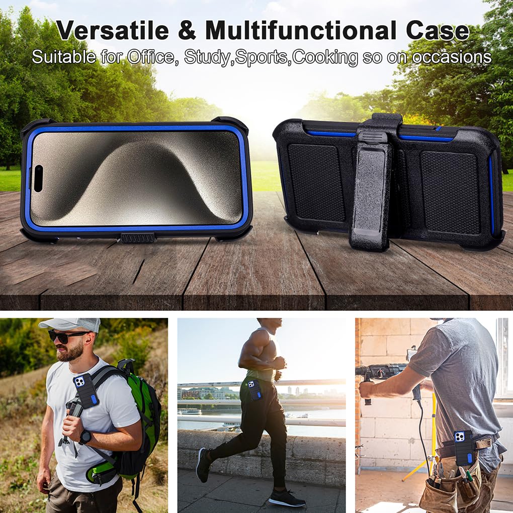 for Phone Case iPhone 15 Pro Max Case Black with Belt Clip Heavy Duty Holster for Shockproof Cases,3 Layers of Sturdy,Military Grade Defender Cover for iPhone 15 Pro Max Cases Black 6.7 Inch