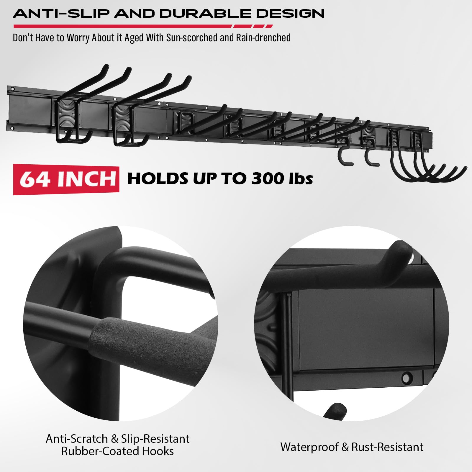 48" Heavy Duty Garage Wall Organizer, Wall Mount Tool Storage Rack with Adjustable Hooks, Garden Tool Organizer Hold Up to 300lbs, Easy Installation (3 Panels, 8 Hooks, 3 Straps)