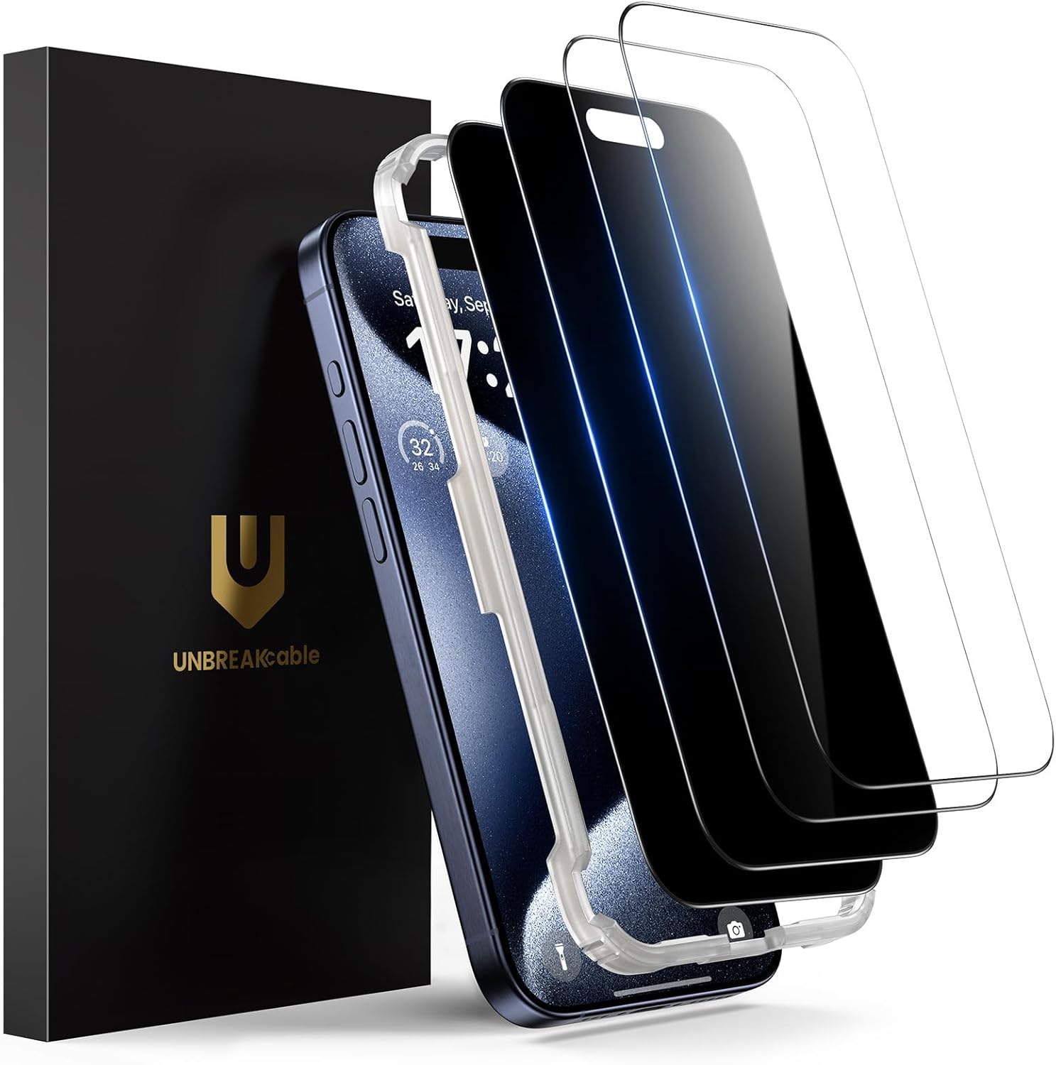 UNBREAKcable 4PCS Screen Protector for iPhone 15-2 Privacy Tempered Glass+2 Clear Glass Double Shatterproof [Easy Installation Frame] [9H Hardness] [Case Friendly] Anti-Scratch for iPhone 6.1 inch