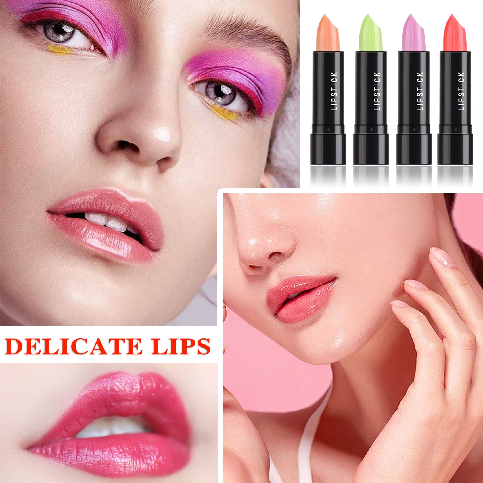 4 Pack Aloe Vera Lipstick,Long Wear Nourishing Lip stick,Waterproof Moisturizing Color Changing Lip Balm Lipstick,Lip Gloss,Magic Temp Color Change Matte Lip Gloss Makeup