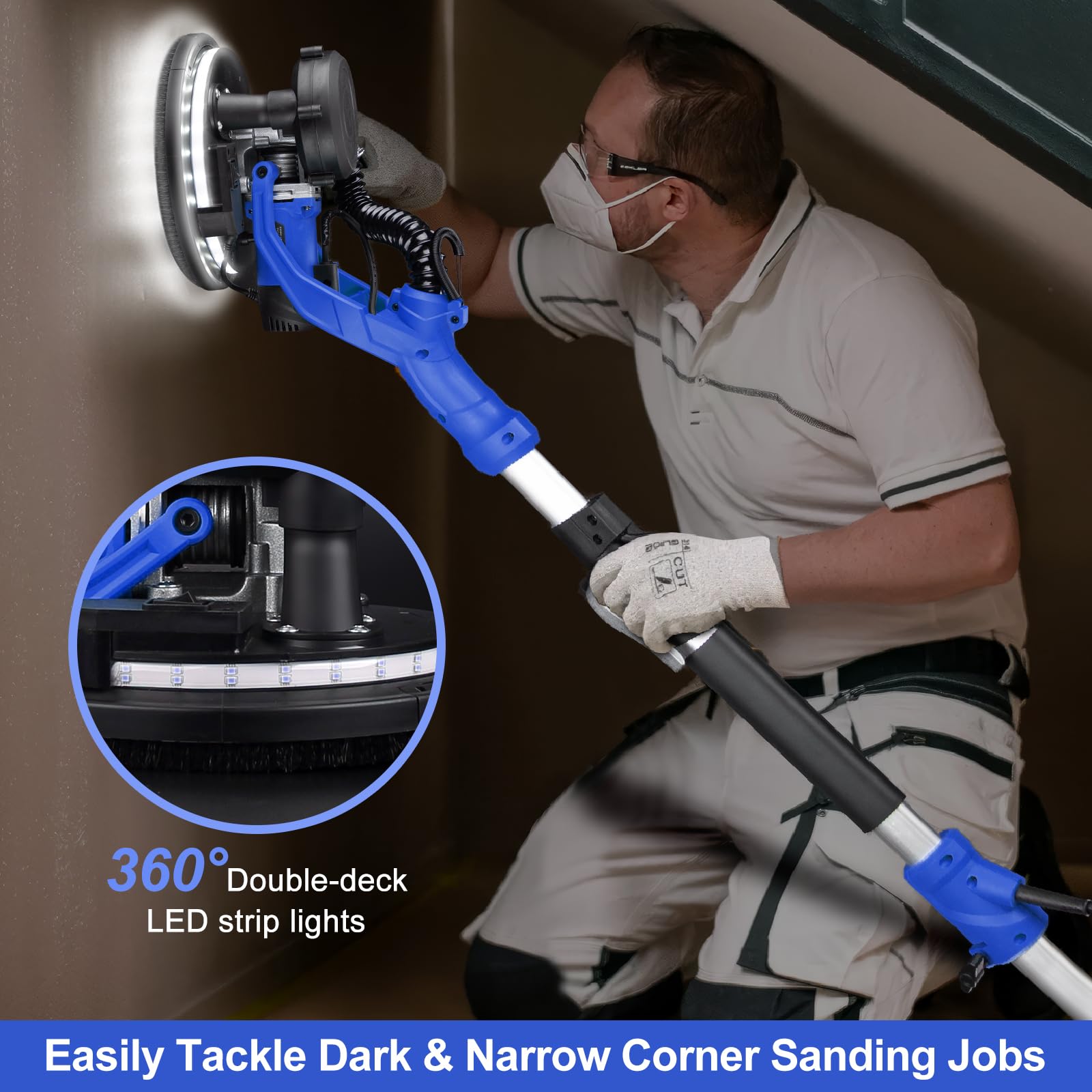 Drywall Sander, 1000W Popcorn Ceiling Removal Tool, Automatic Drywall Sander with Vacuum Dust Collection, LED Light, 6 Variable Speed 800-2200RPM,15Pcs Sanding Discs, Foldable & Extendable Handle